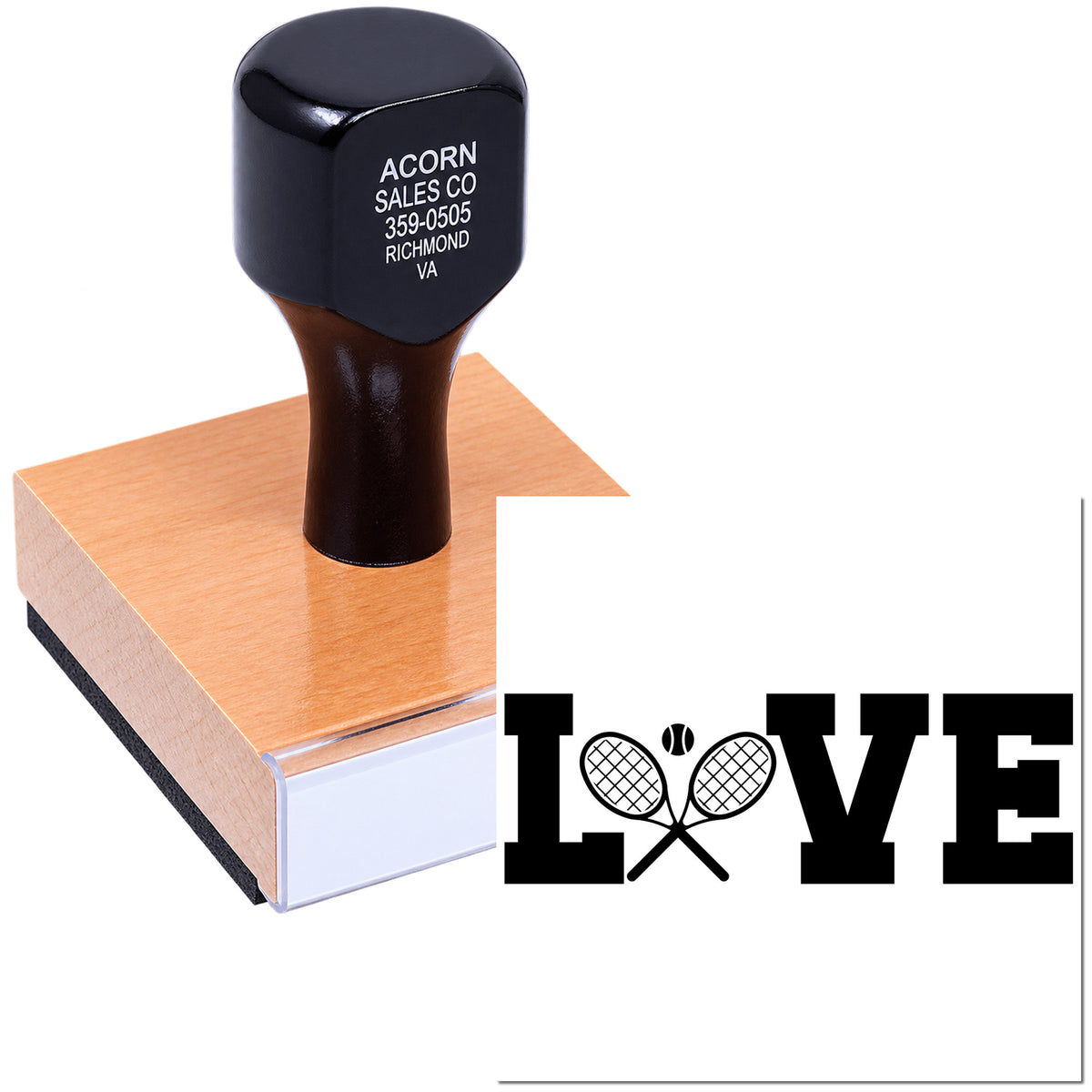 Custom tennis LOVE rubber stamp with personalized logo for stationery, packaging, or event branding.