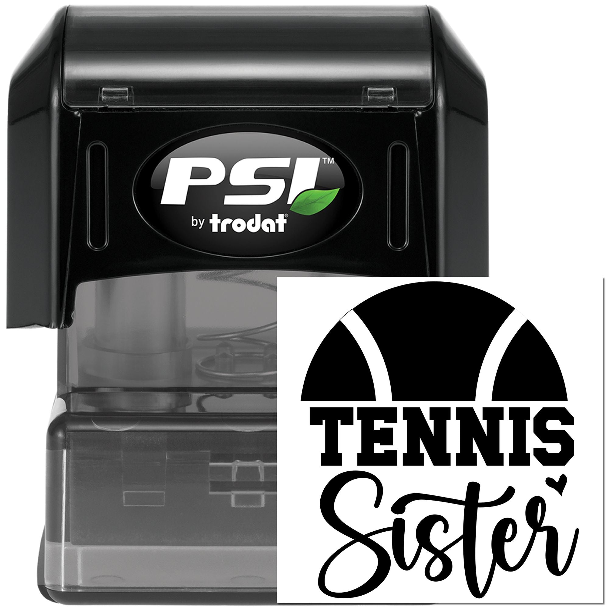 PSI by Trodat self-inking rubber stamp with custom Tennis Sister design for personalized tennis gifts and stationery.
