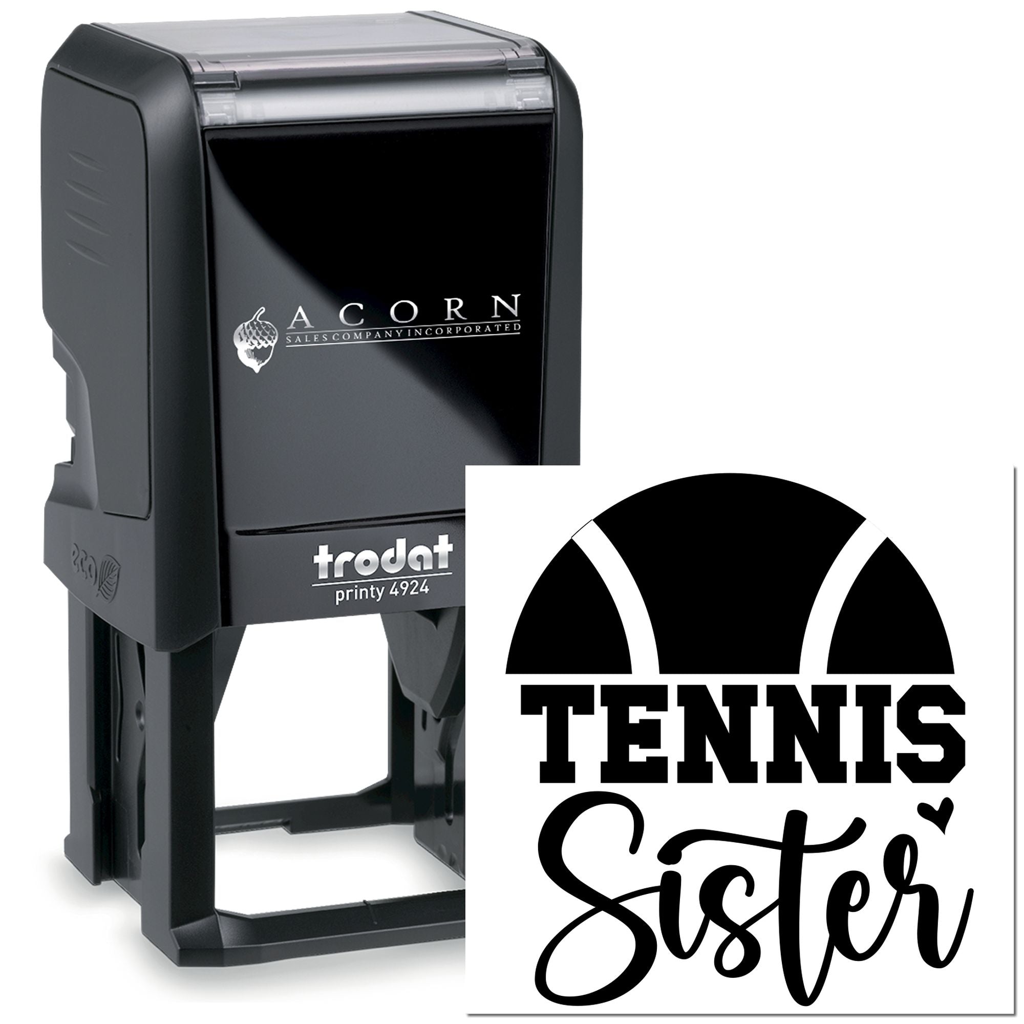 Custom self-inking rubber stamp with tennis sister design for personalized sports gifts, labels, and stationery.