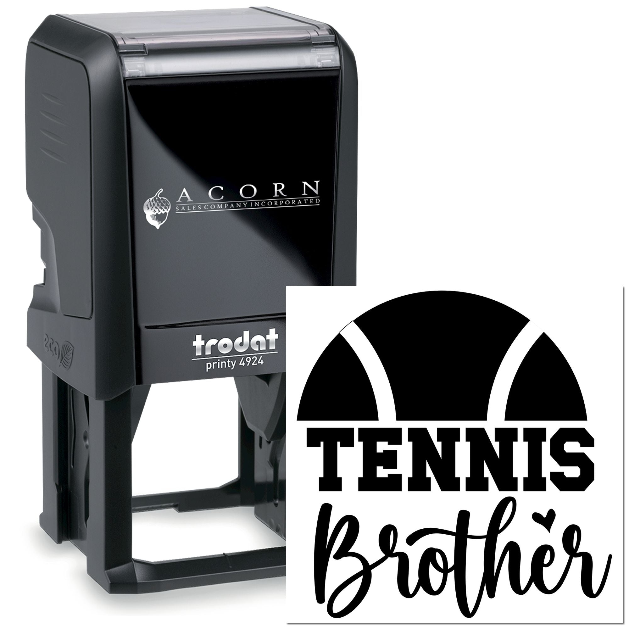 Custom self-inking rubber stamp, Trodat Printy 4924, with Tennis Brother logo for sports branding and personalized marking.