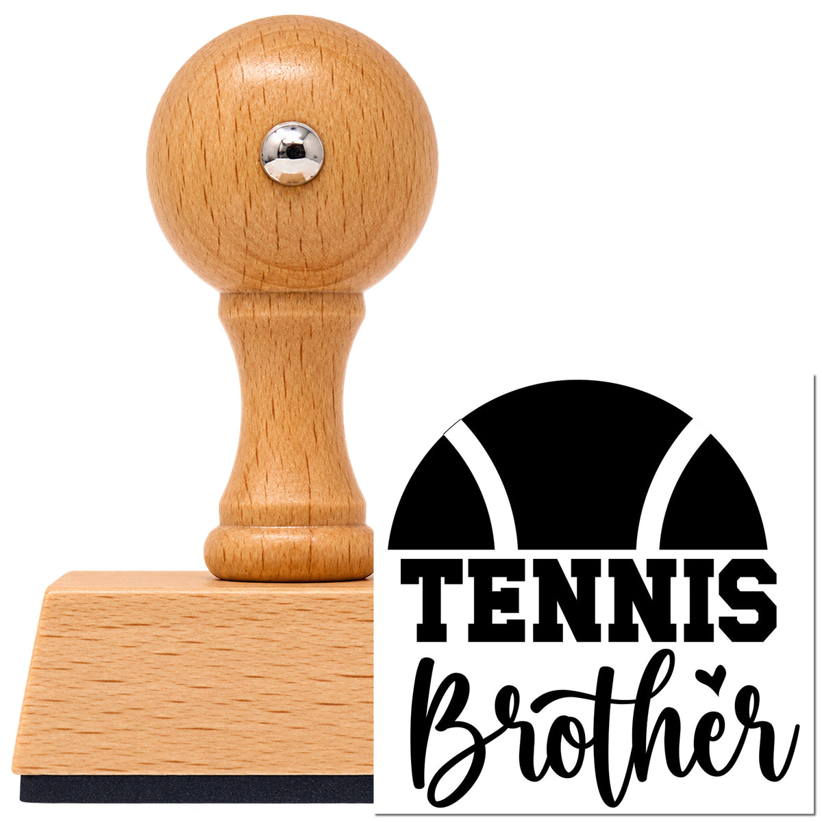 Tennis Brother Half Ball With Hearts Vintage Pro rubber stamp in European beech wood with a round knob handle, shown beside its black imprint.