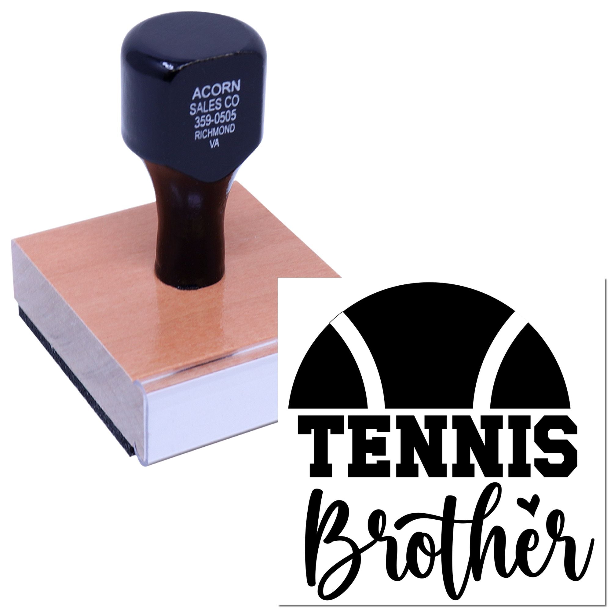 Custom tennis brother rubber stamp with personalized sports logo for cards, gifts, and packaging.
