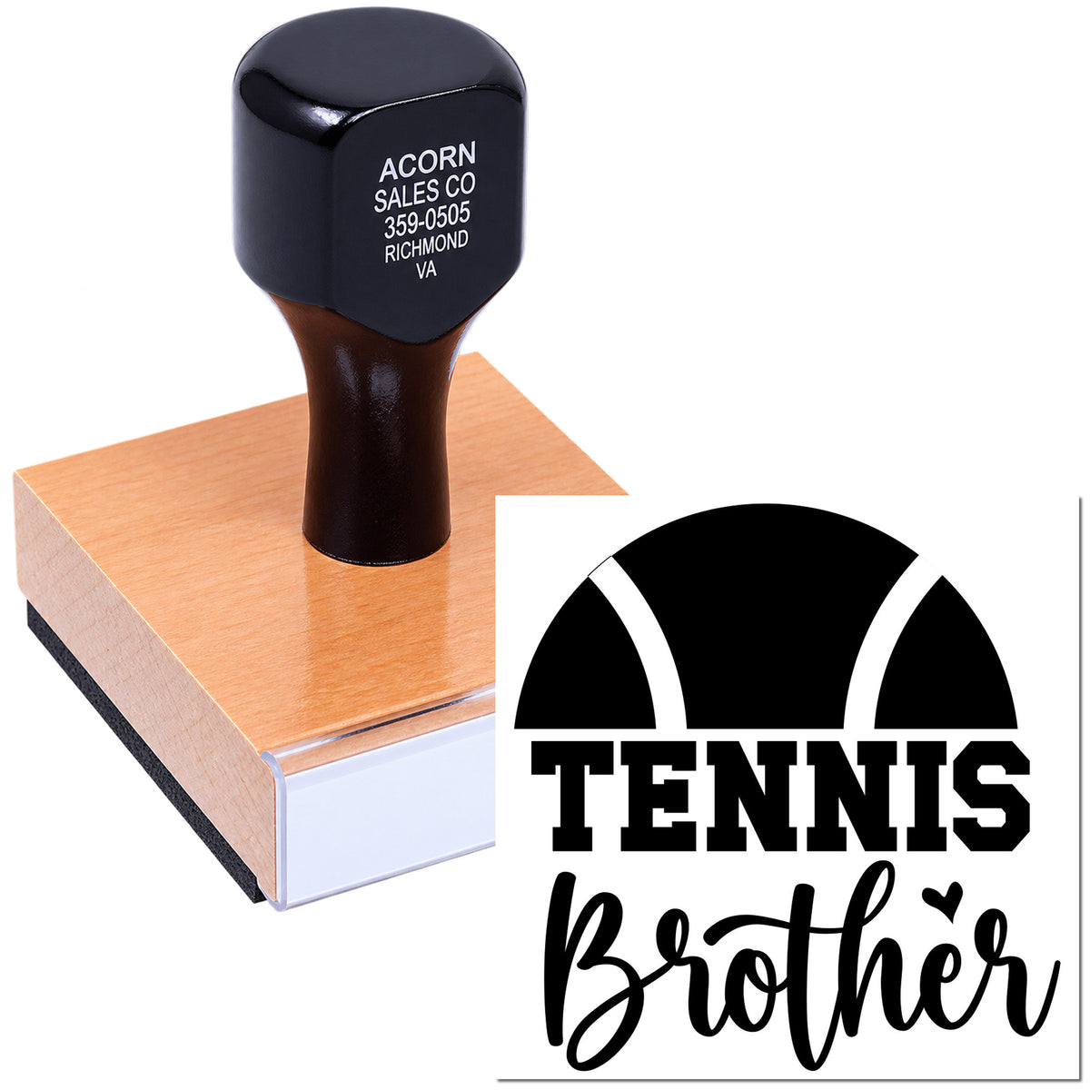 Custom tennis brother rubber stamp with personalized sports logo for cards, gifts, and packaging.