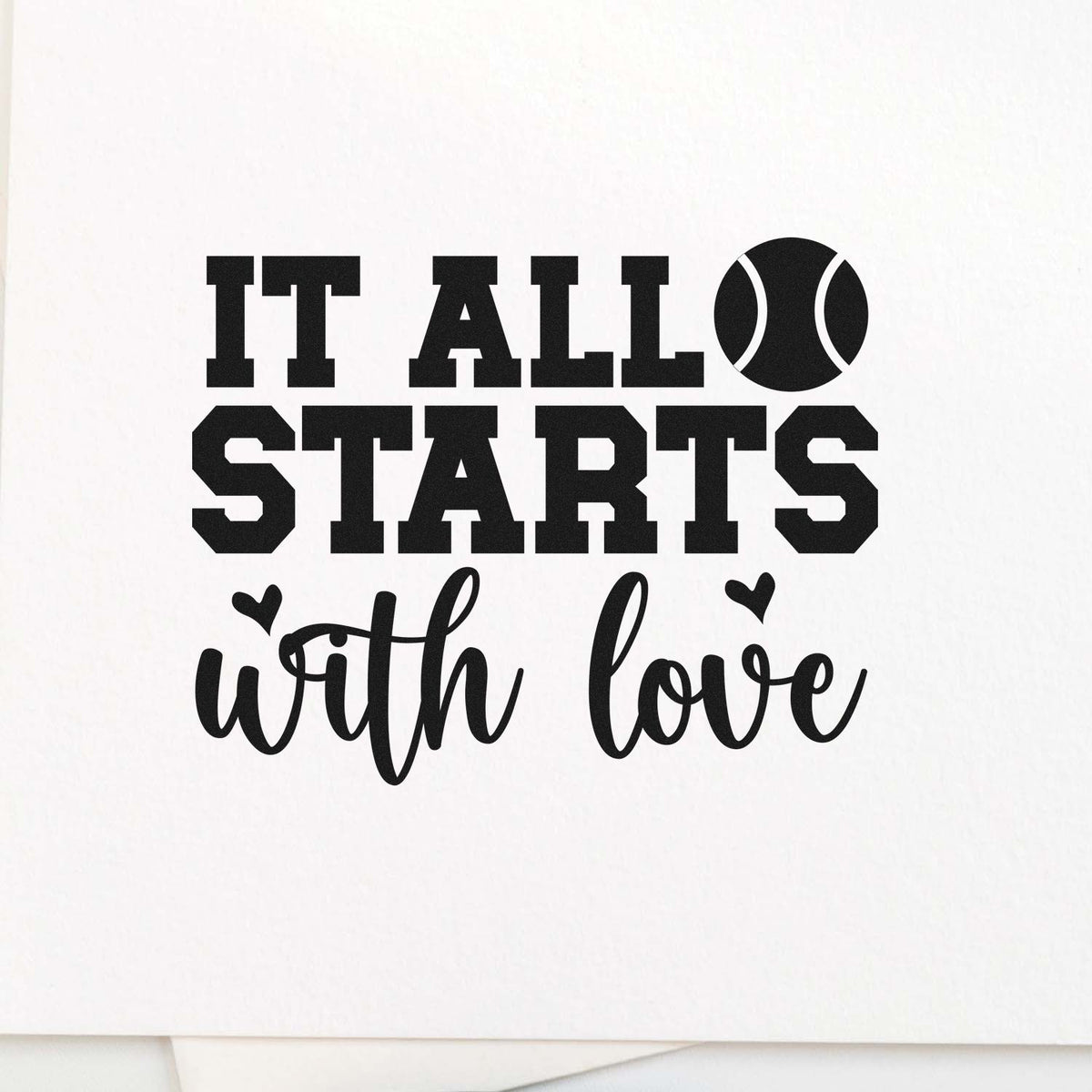 Baseball rubber stamp design reading It All Starts with Love for sports-themed cards, scrapbooking, and custom crafts.