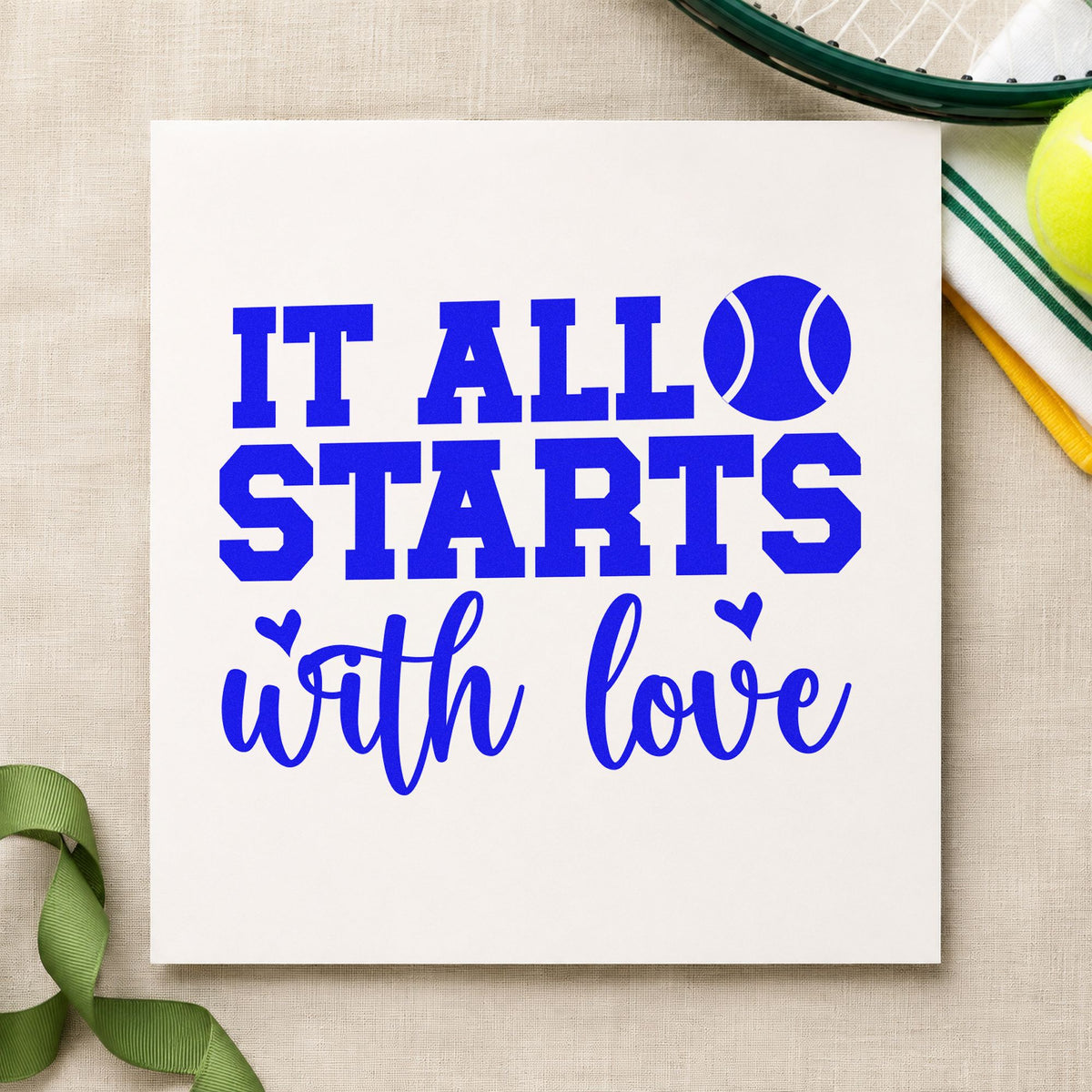 It Starts With Love craft stamp in blue ink on cardstock, an easy option for practice towel printing.