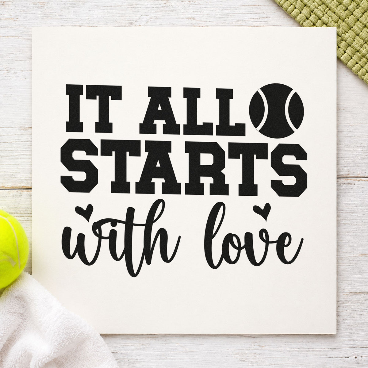 It Starts With Love rubber stamp printed in black ink, ready for small heart cards and similar paper crafts.