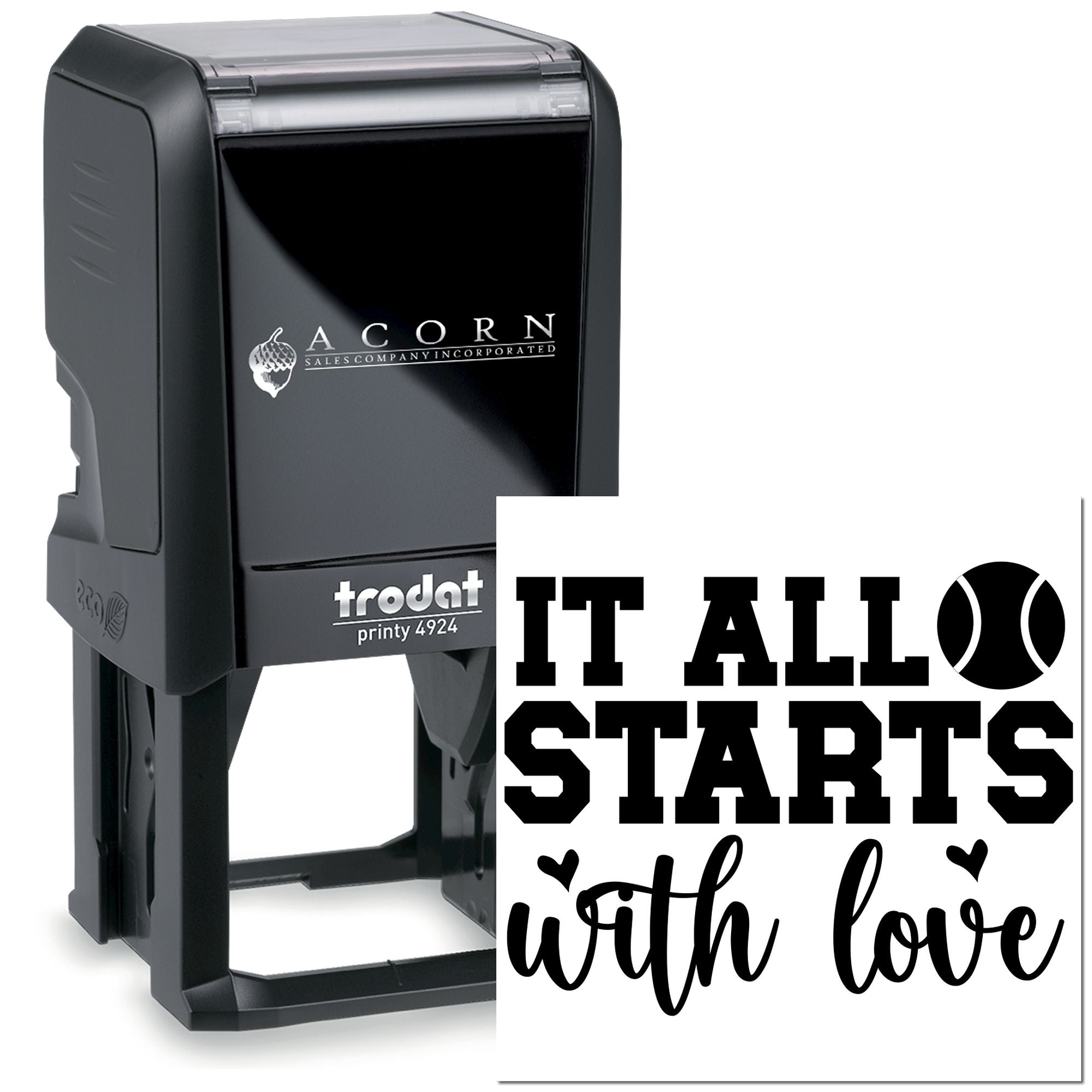 Custom self-inking rubber stamp, Trodat Printy 4924, with It All Starts with Love design for personalized stamping.