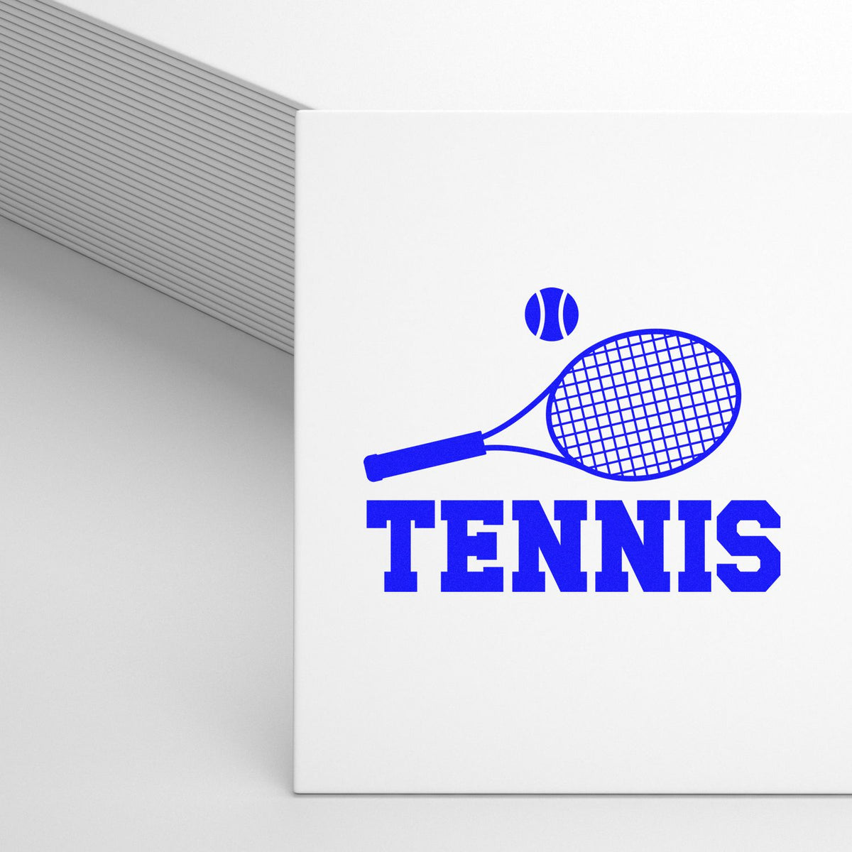 Tennis rubber stamp design with racket and ball, ideal for sports team, club, and custom event branding.