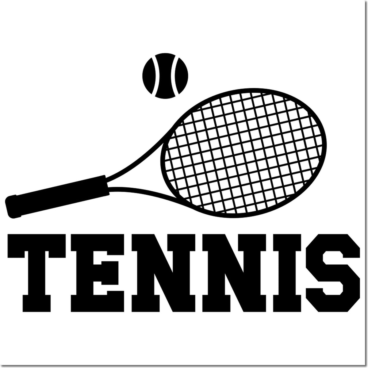 Tennis sports rubber stamp design with racket, ball and bold TENNIS text