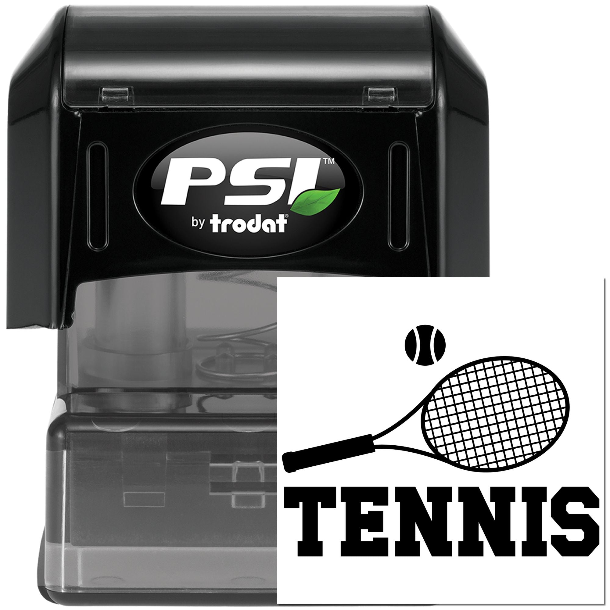 Tennis self-inking rubber stamp with racket and ball, PSI by Trodat custom stamp for sports clubs and tennis events.
