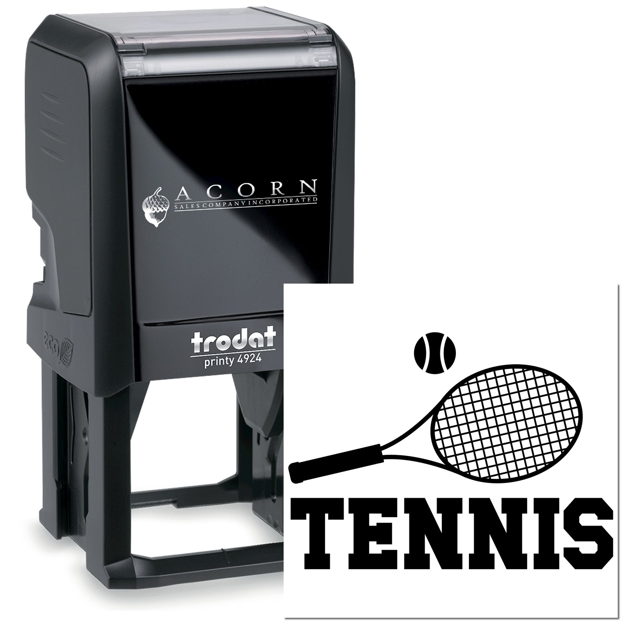Custom tennis rubber stamp with self-inking Trodat Printy design for sports clubs, team branding, and stationery.