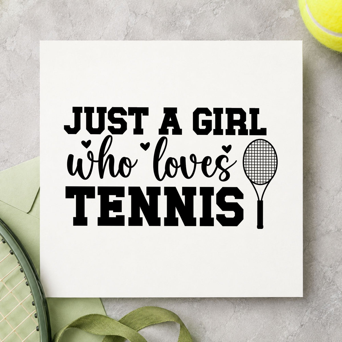Girl Who Loves Tennis craft stamp in black ink on cardstock, an easy option for recruit album page.