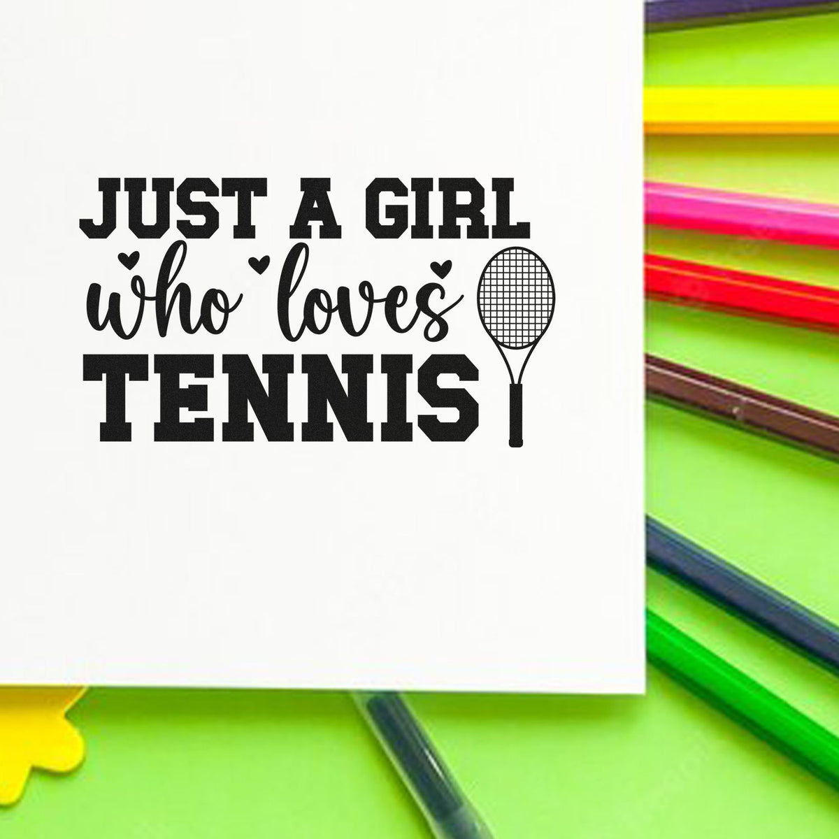 Tennis rubber stamp design with Just a girl who loves tennis and racket icon for crafting.