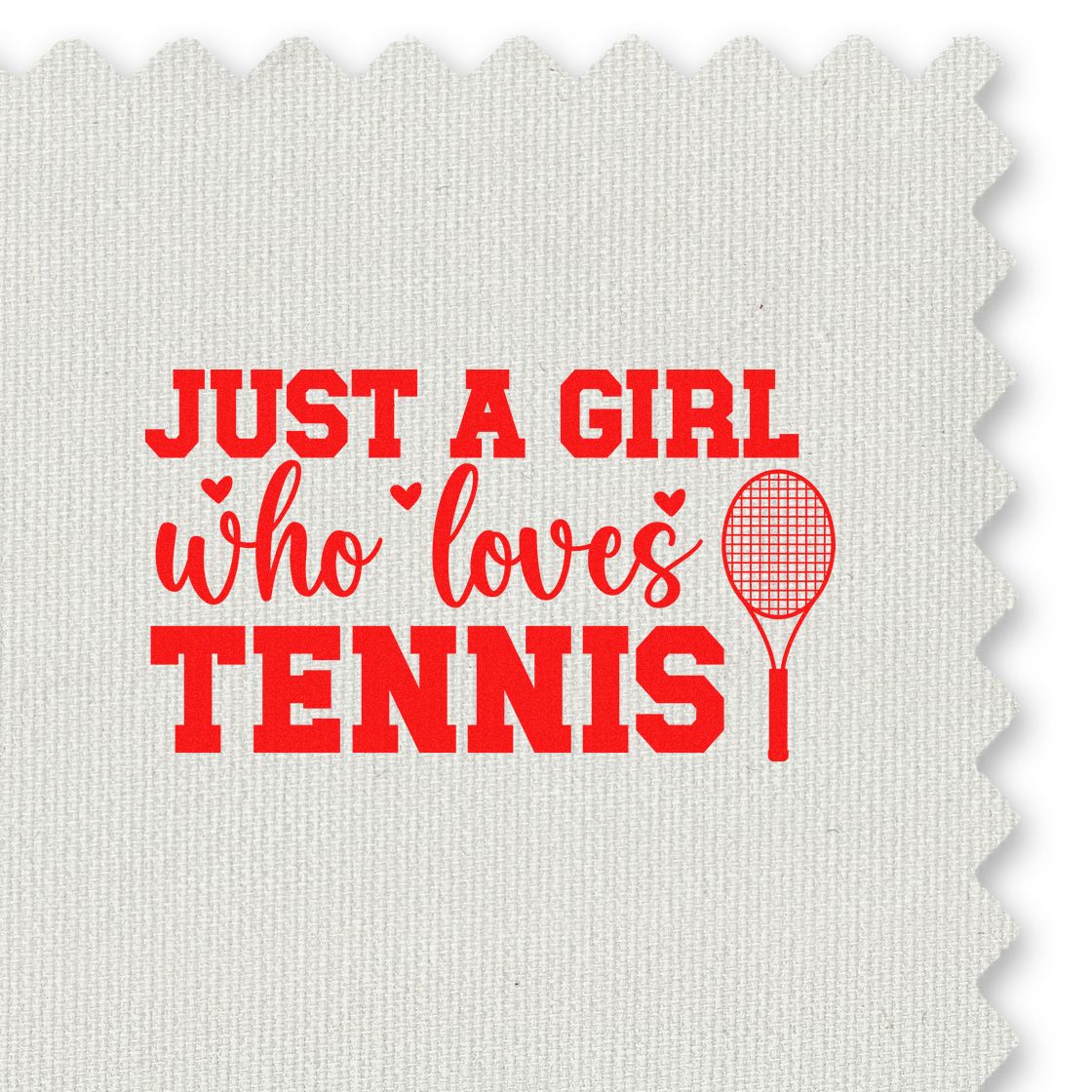 Custom tennis lover rubber stamp design reading Just a girl who loves tennis with racket icon on white textured background.