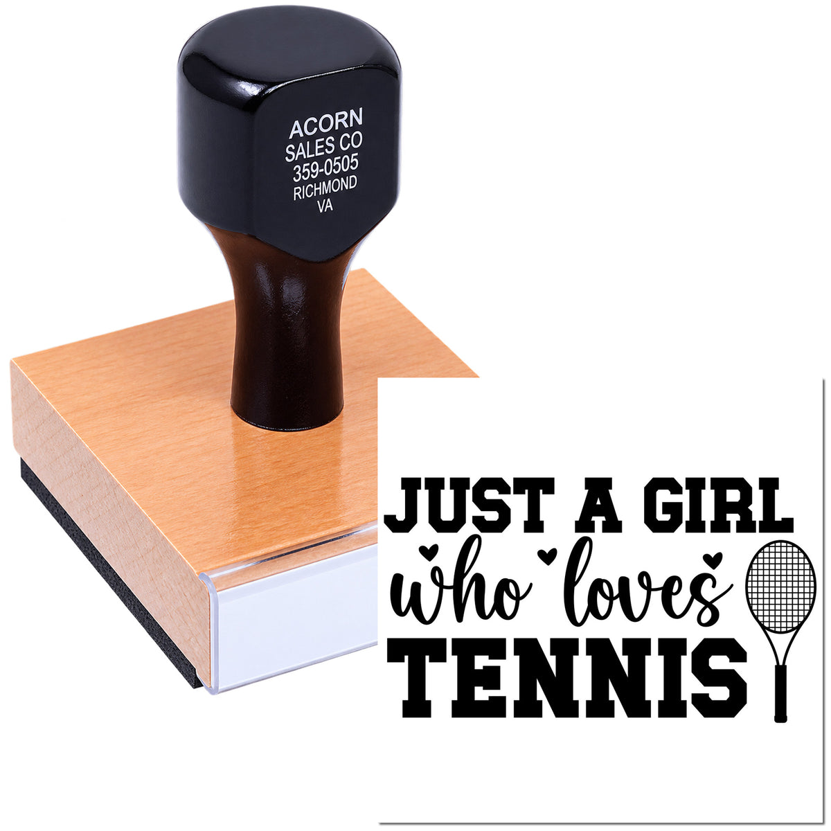 Custom tennis rubber stamp showing Just a girl who loves tennis design with racket icon for personalized crafts.
