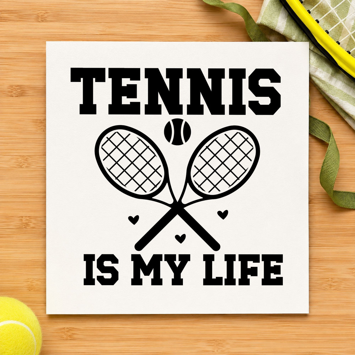 Tennis Is My Life craft stamp imprint in black ink on a handmade project, one idea being team kit gift tags.