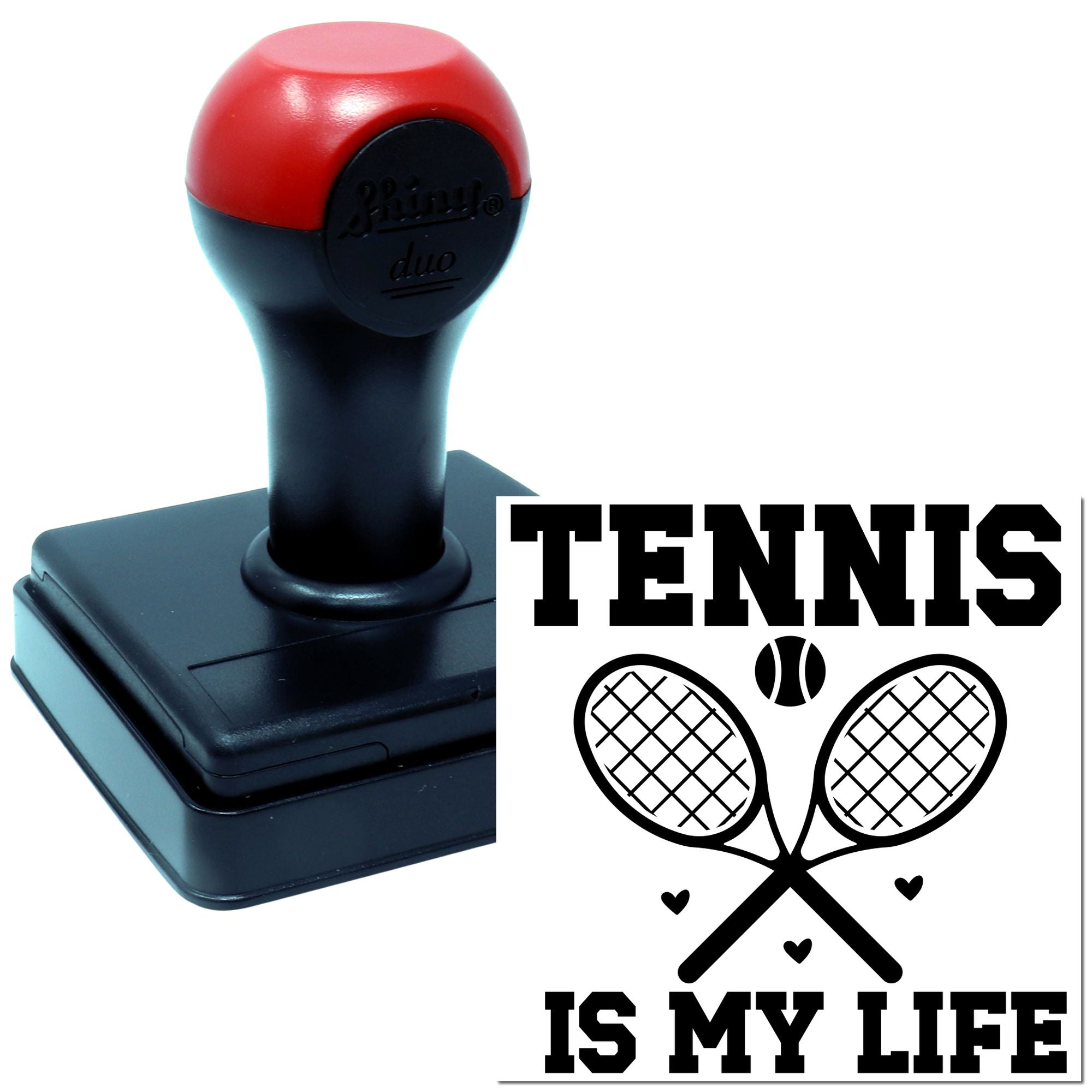 Custom tennis rubber stamp featuring Tennis Is My Life with crossed rackets and ball for sports-themed crafts and branding.