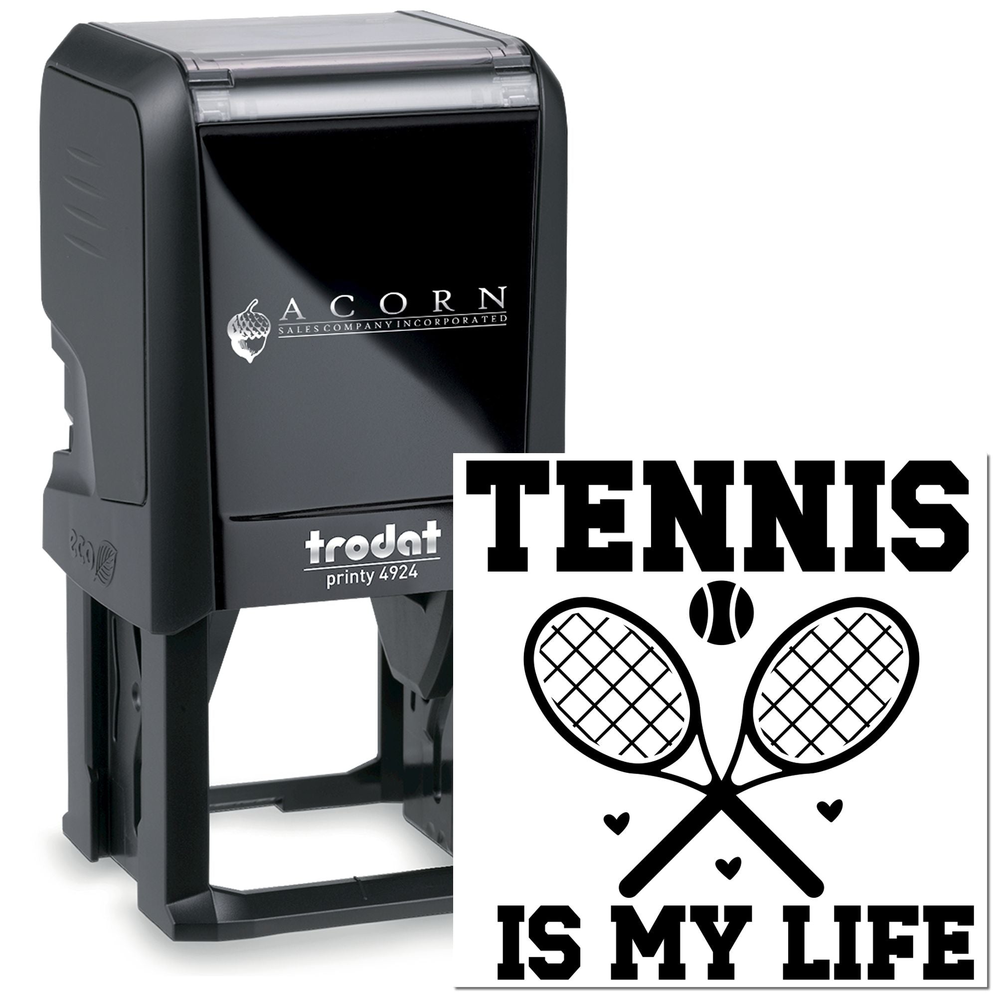 Self-inking tennis rubber stamp with crossed rackets and Tennis Is My Life custom stamp impression.