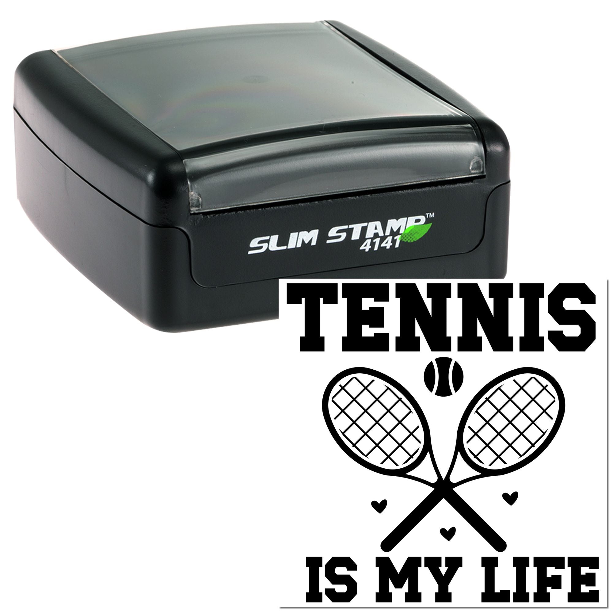 Self-inking tennis rubber stamp, Slim Stamp 4141, with crossed rackets and Tennis Is My Life design.
