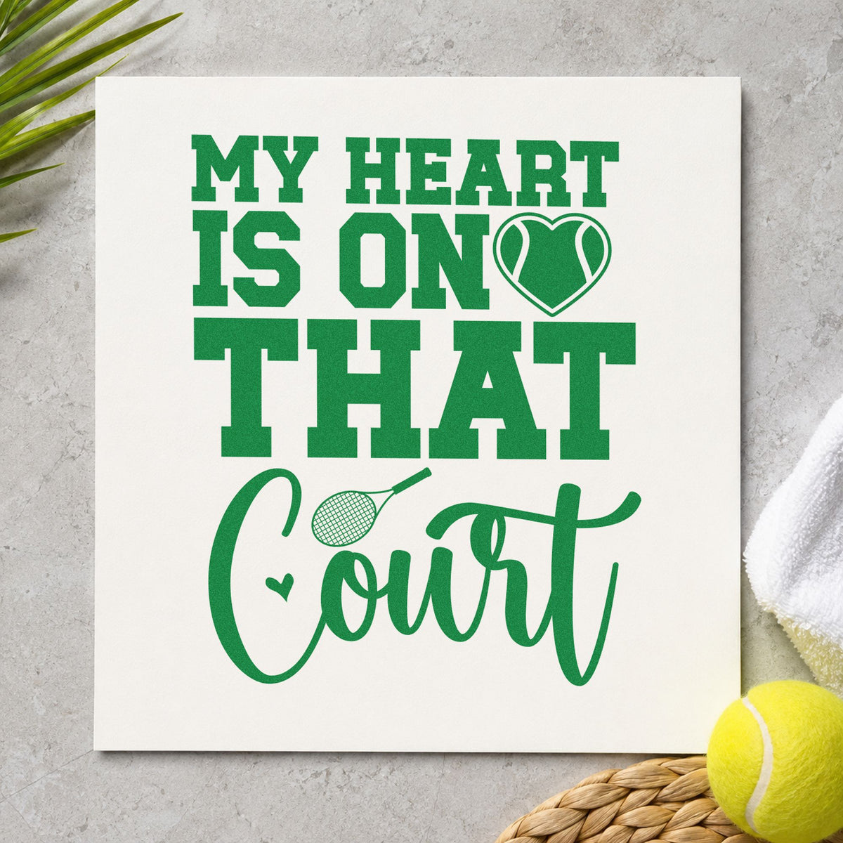 Heart On That Court craft stamp in green ink on cardstock, an easy option for watching album page.