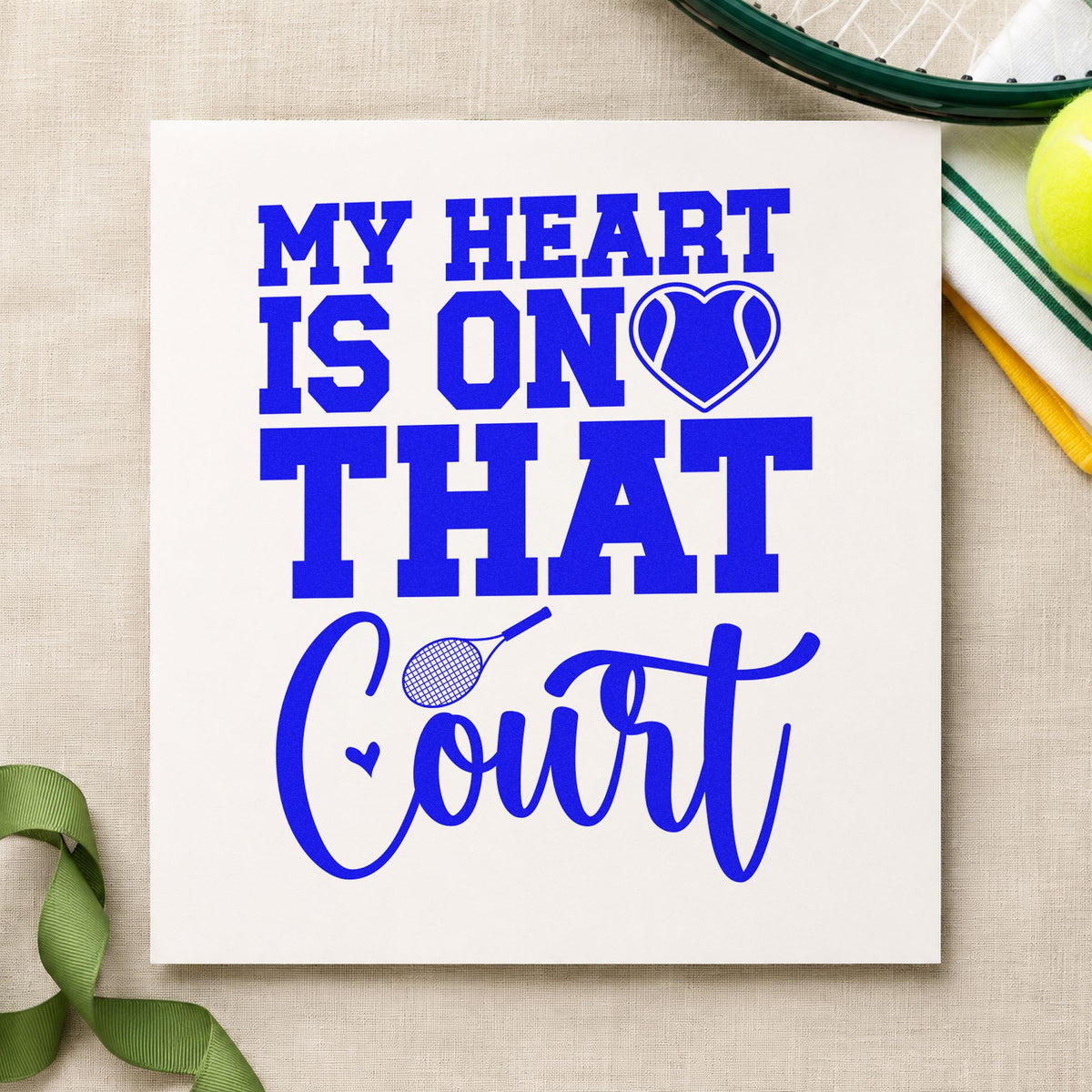 Heart On That Court craft stamp in blue ink on cardstock, an easy option for chair cover printing.