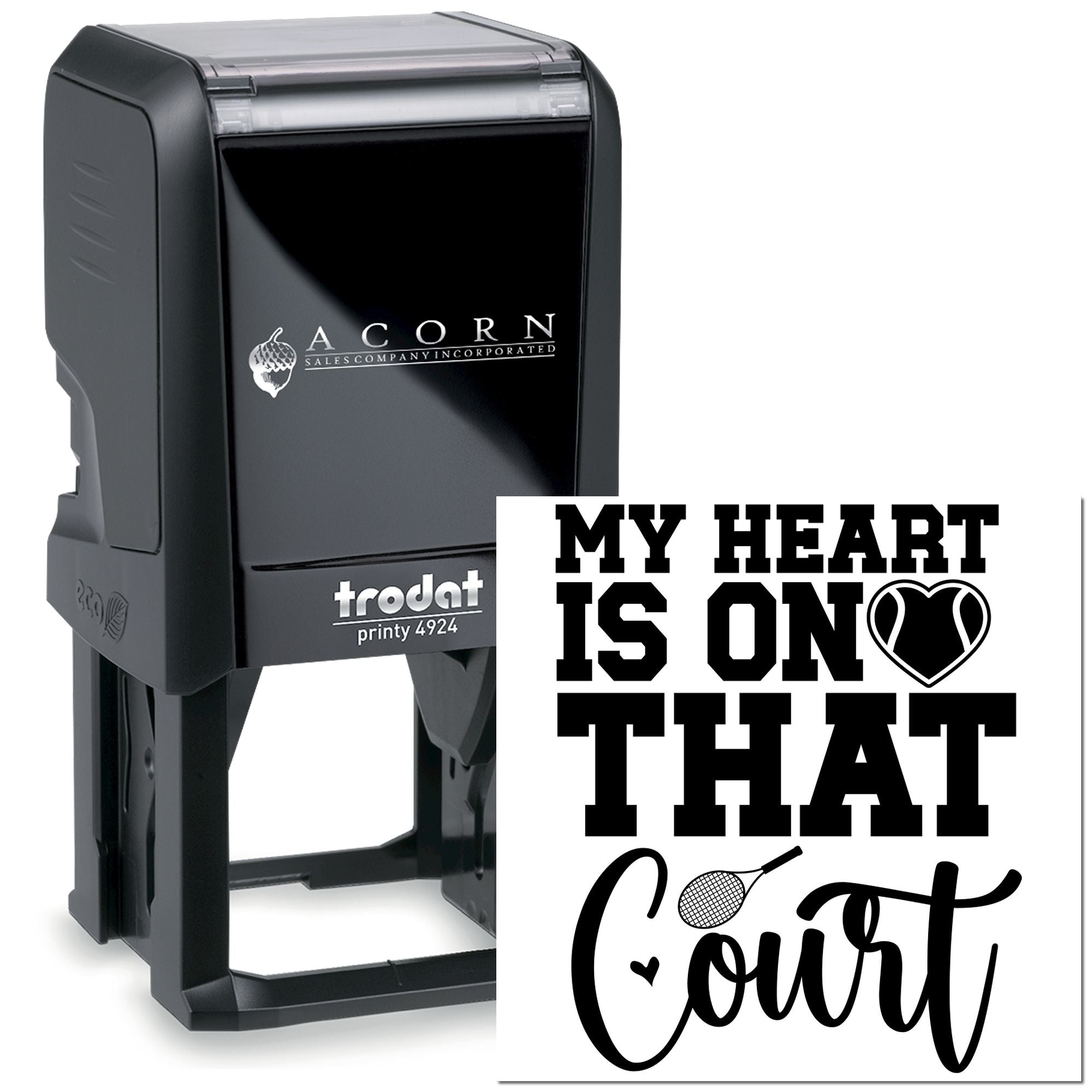 Custom self-inking rubber stamp with My Heart Is On That Court tennis design, perfect for personalized sports gifts and cards.