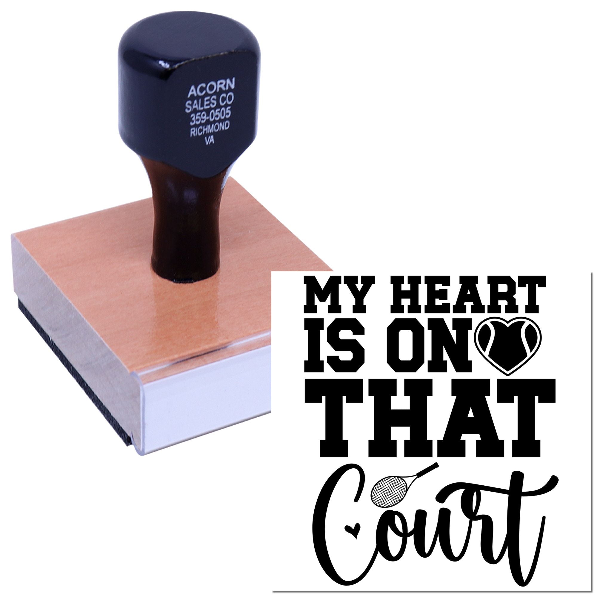Personalized rubber stamp with My Heart Is on That Court tennis design for sports-themed crafts and gifts.