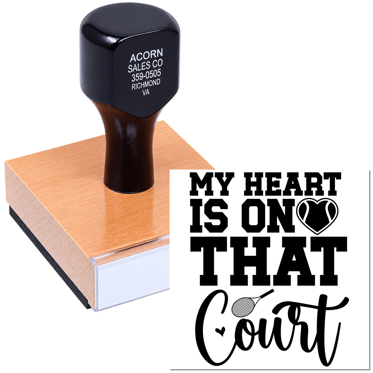 Personalized rubber stamp with My Heart Is on That Court tennis design for sports-themed crafts and gifts.