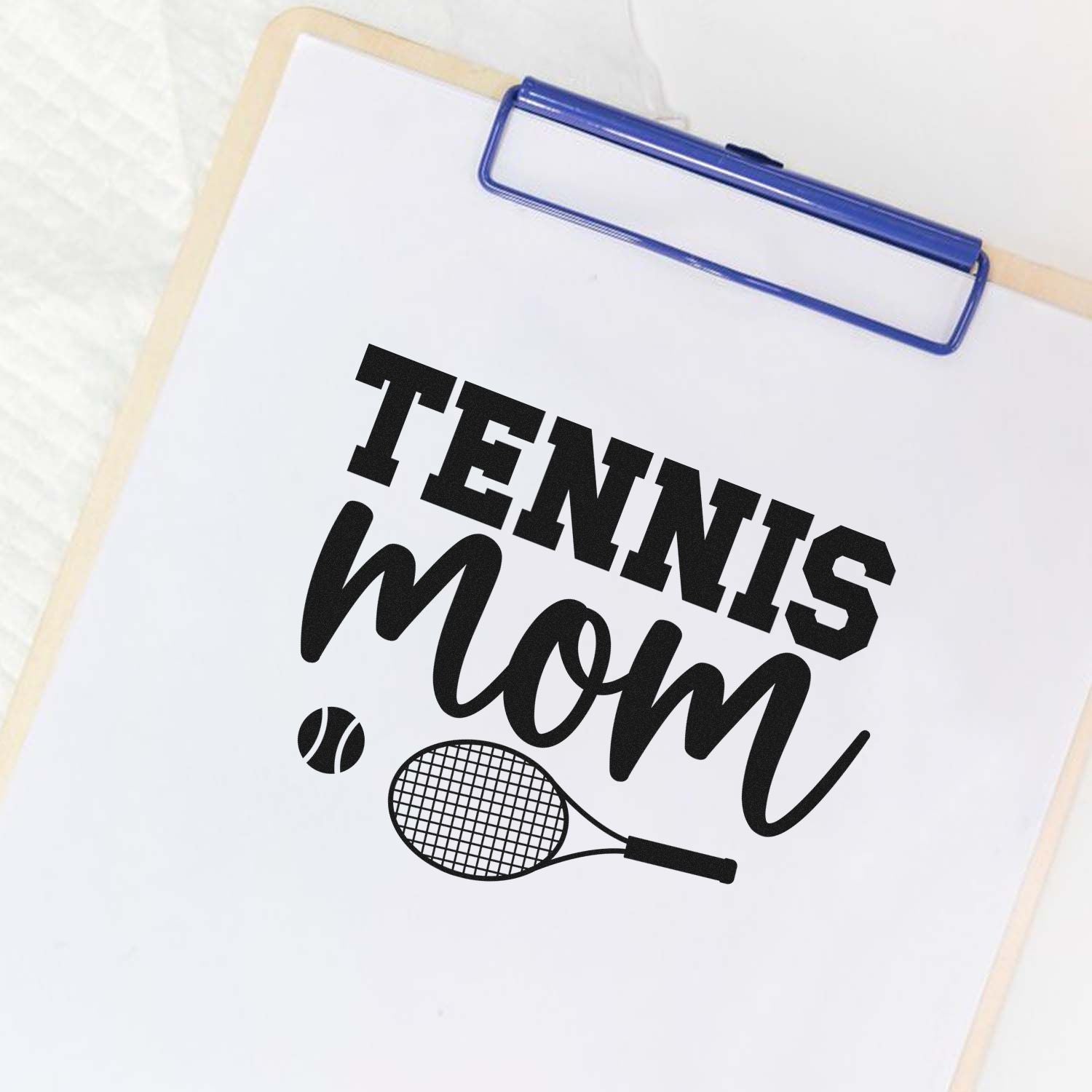 Custom tennis mom rubber stamp design with tennis ball and racket for sports crafts and gifts