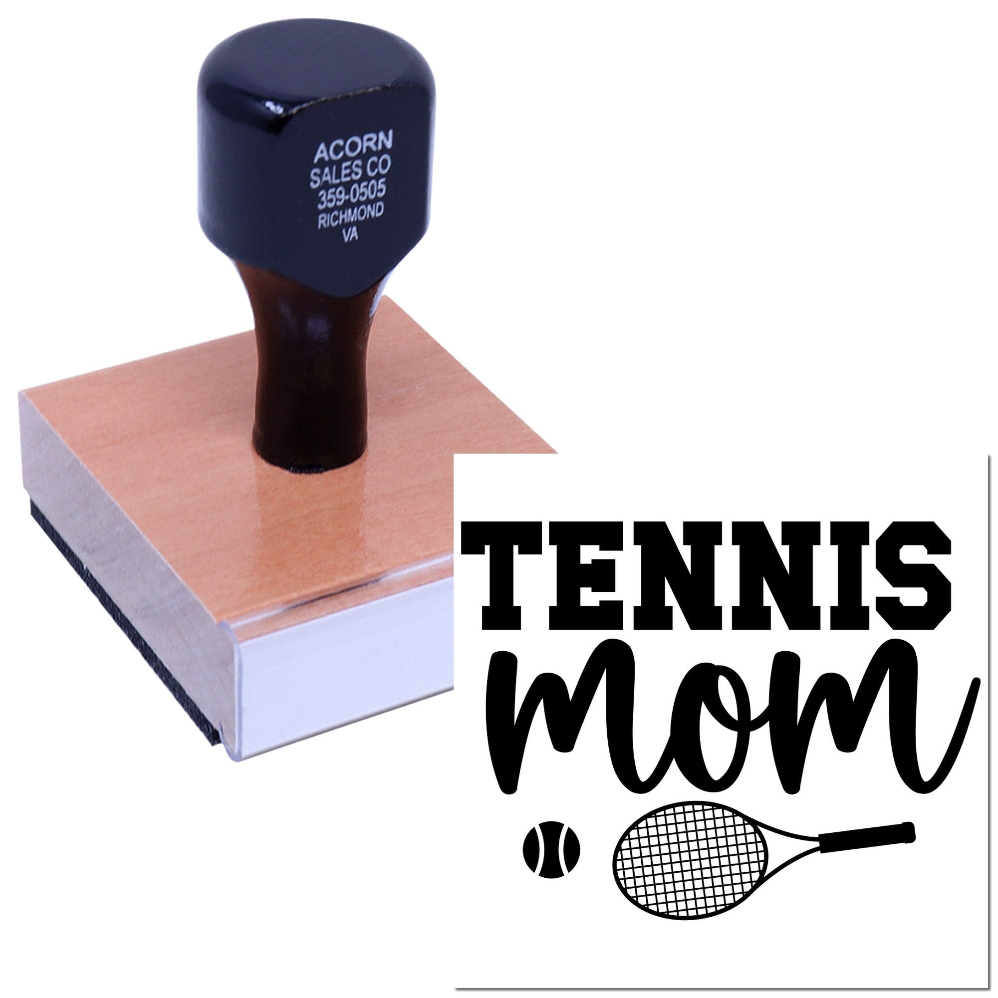 Personalized Tennis Mom rubber stamp with racket and ball design for sports crafts, stationery, and gifts.