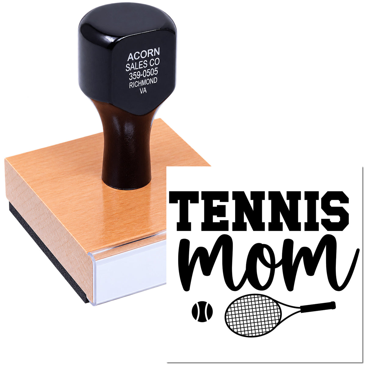 Personalized Tennis Mom rubber stamp with racket and ball design for sports crafts, stationery, and gifts.