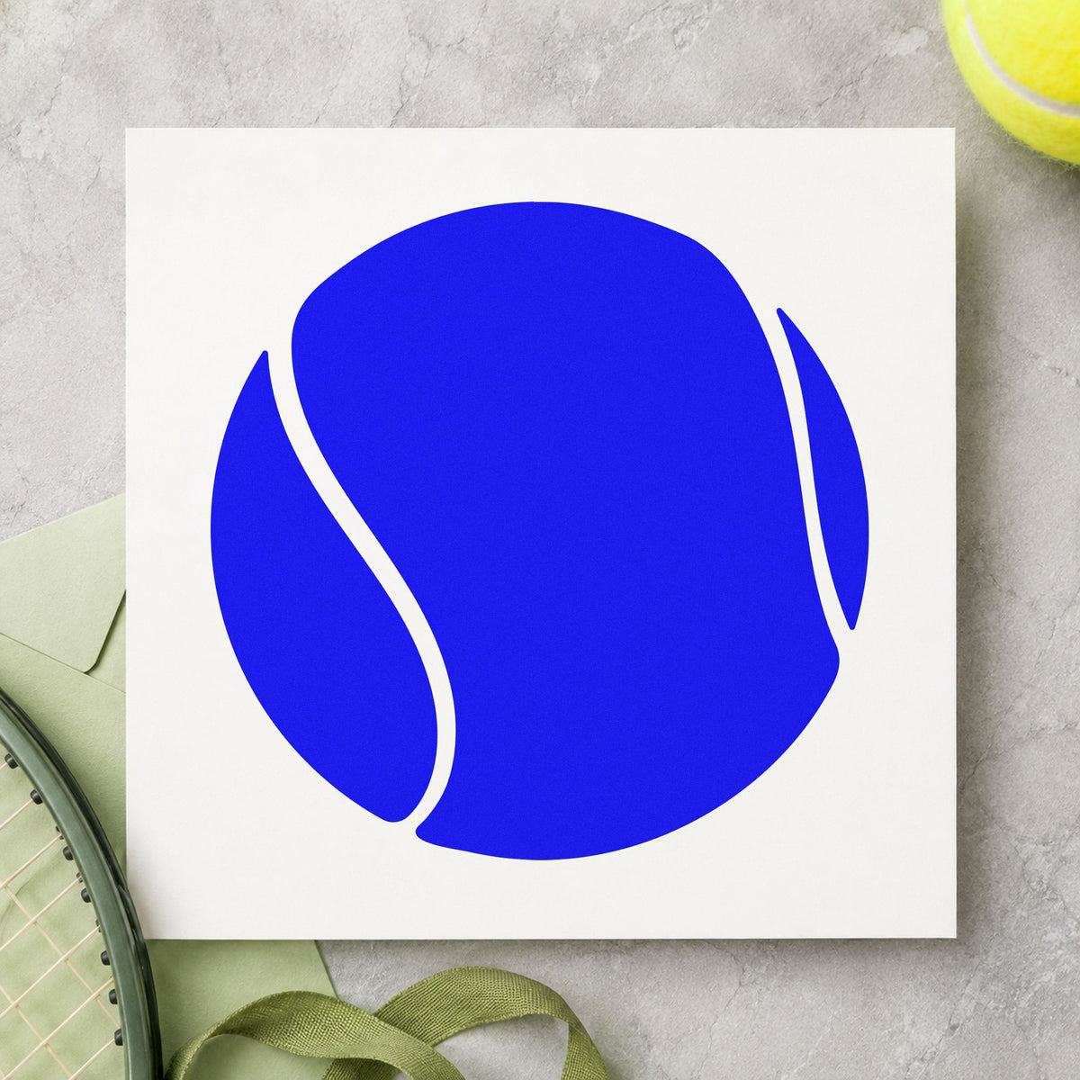 Large Solid Tennis Ball craft stamp imprinted in blue ink on paper, a design suited to framed court store.