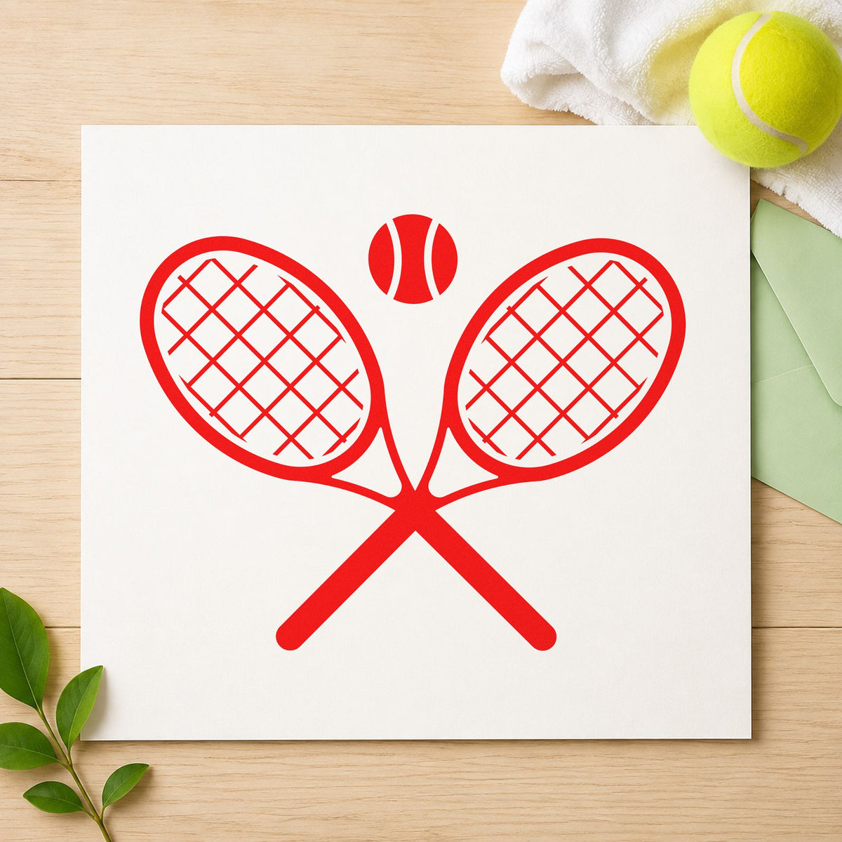Crossed Tennis Rackets Ball craft stamp imprint in red ink on a handmade project, one idea being club info cards.
