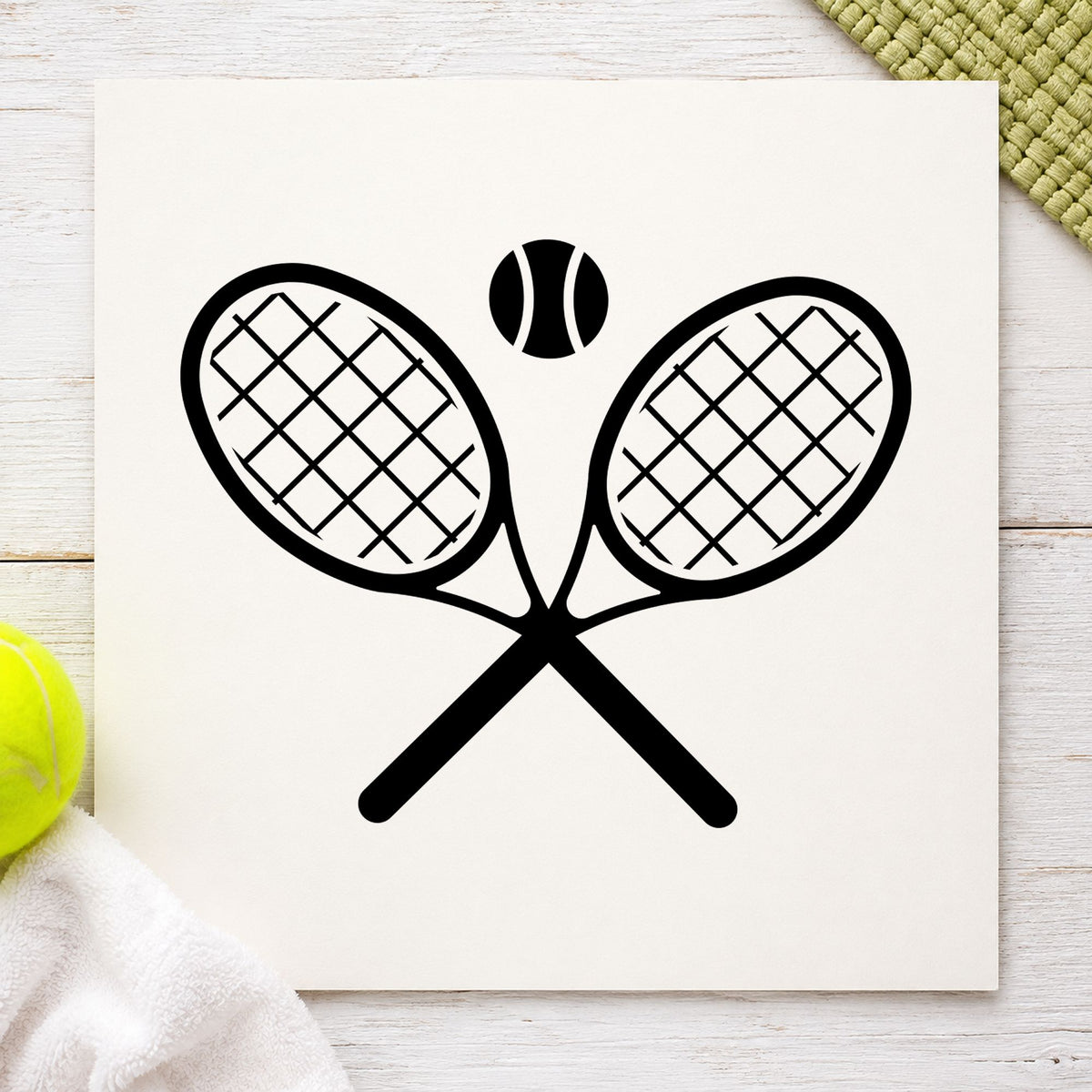 Crossed Tennis Rackets Ball rubber stamp printed in black ink, ready for outlined racket cards and similar paper crafts.