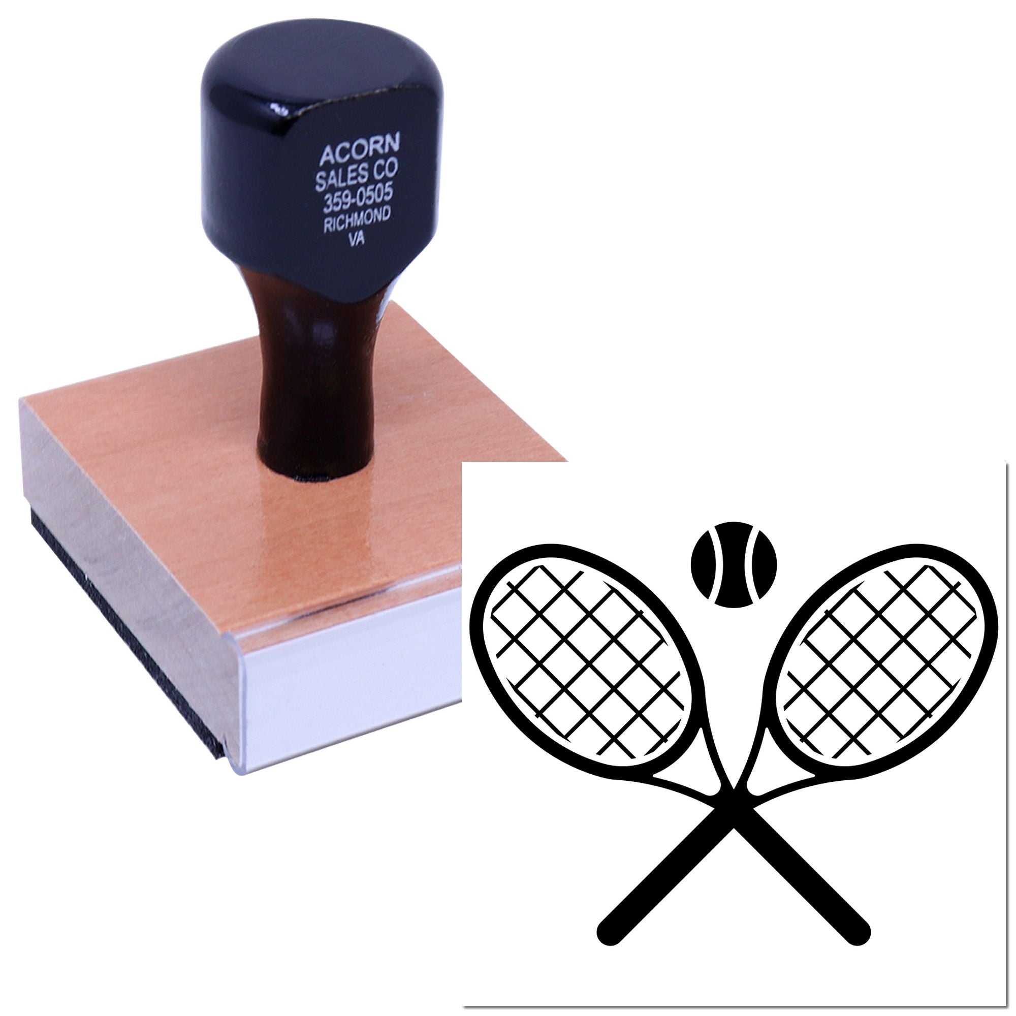 Custom tennis rubber stamp with racquet and ball logo for sports clubs, event branding, and promotional stamping.