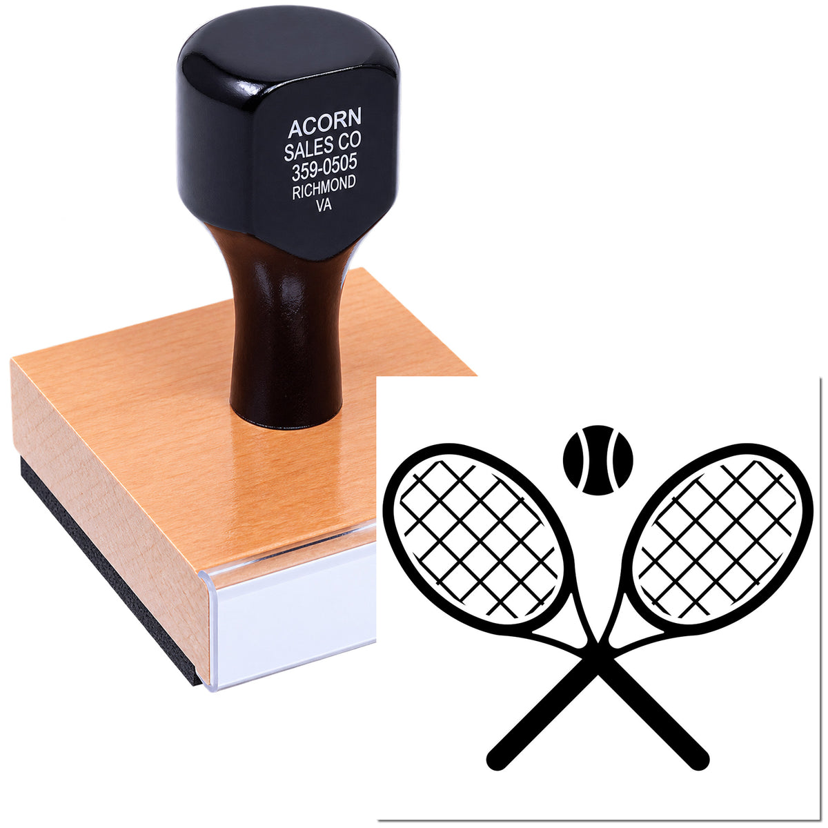 Custom tennis rubber stamp with racquet and ball logo for sports clubs, event branding, and promotional stamping.