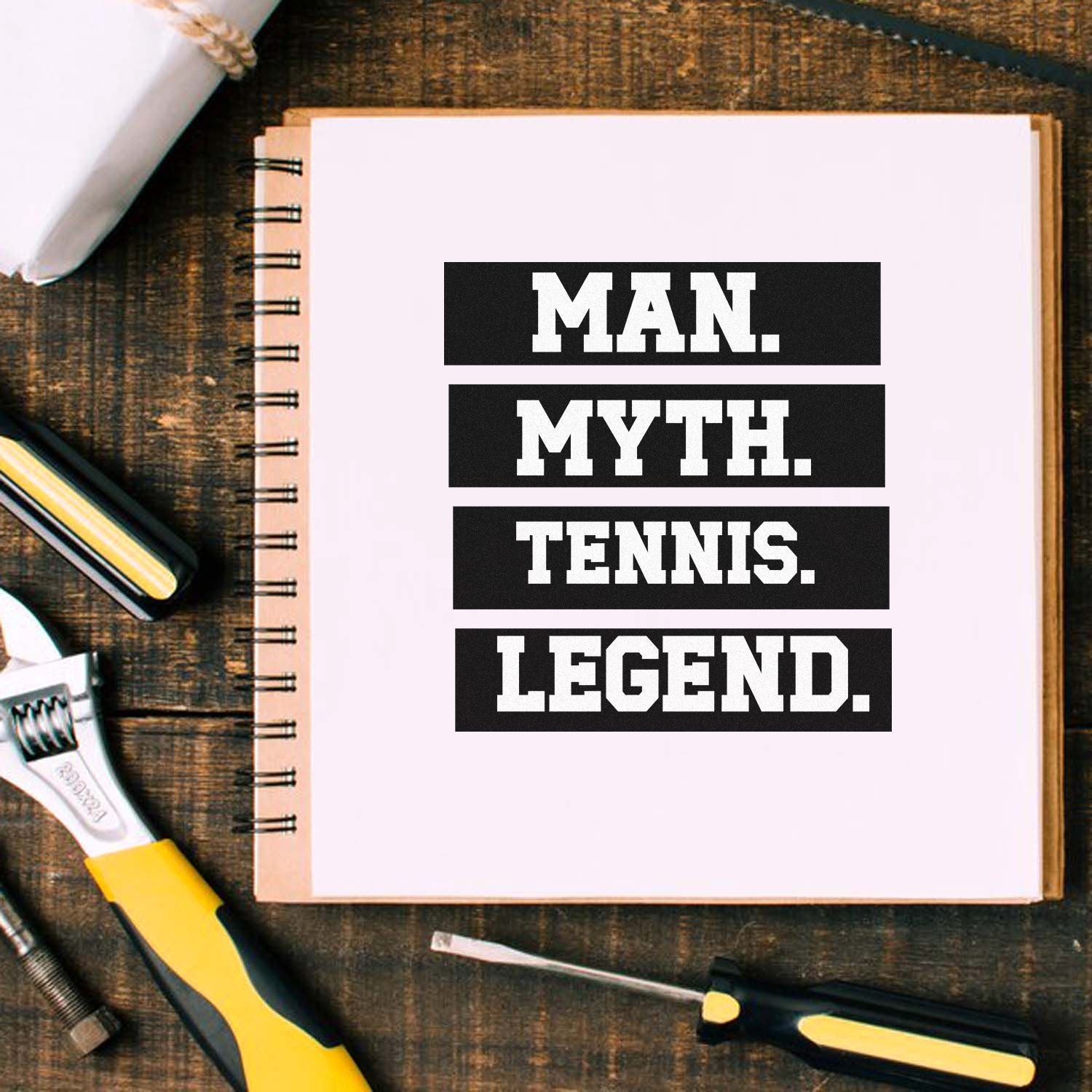Tennis rubber stamp design reading Man. Myth. Tennis. Legend. for personalized gifts, stationery, and sports branding.