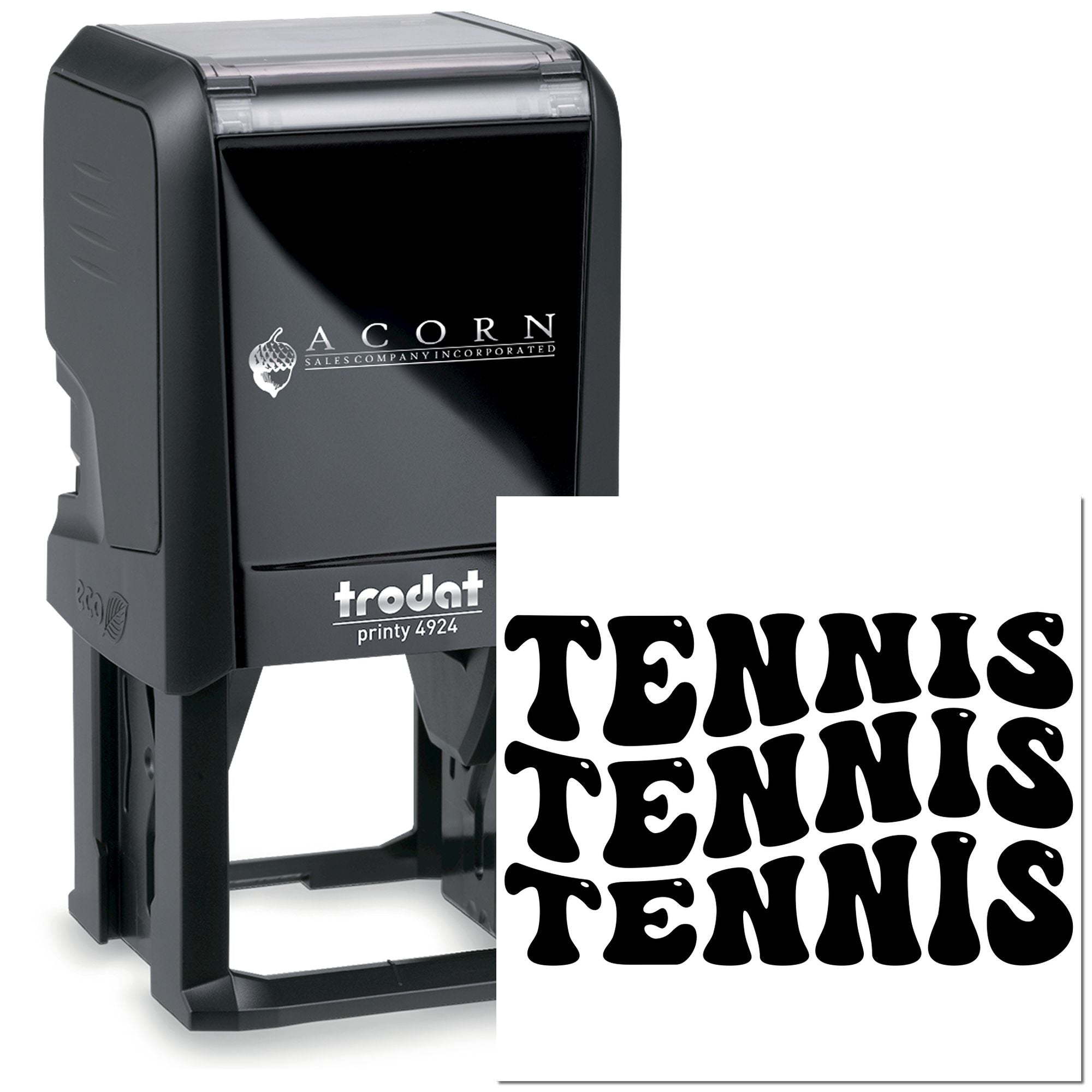 Custom tennis rubber stamp in Trodat Printy self-inking format, featuring bold retro TENNIS imprint for sports branding.