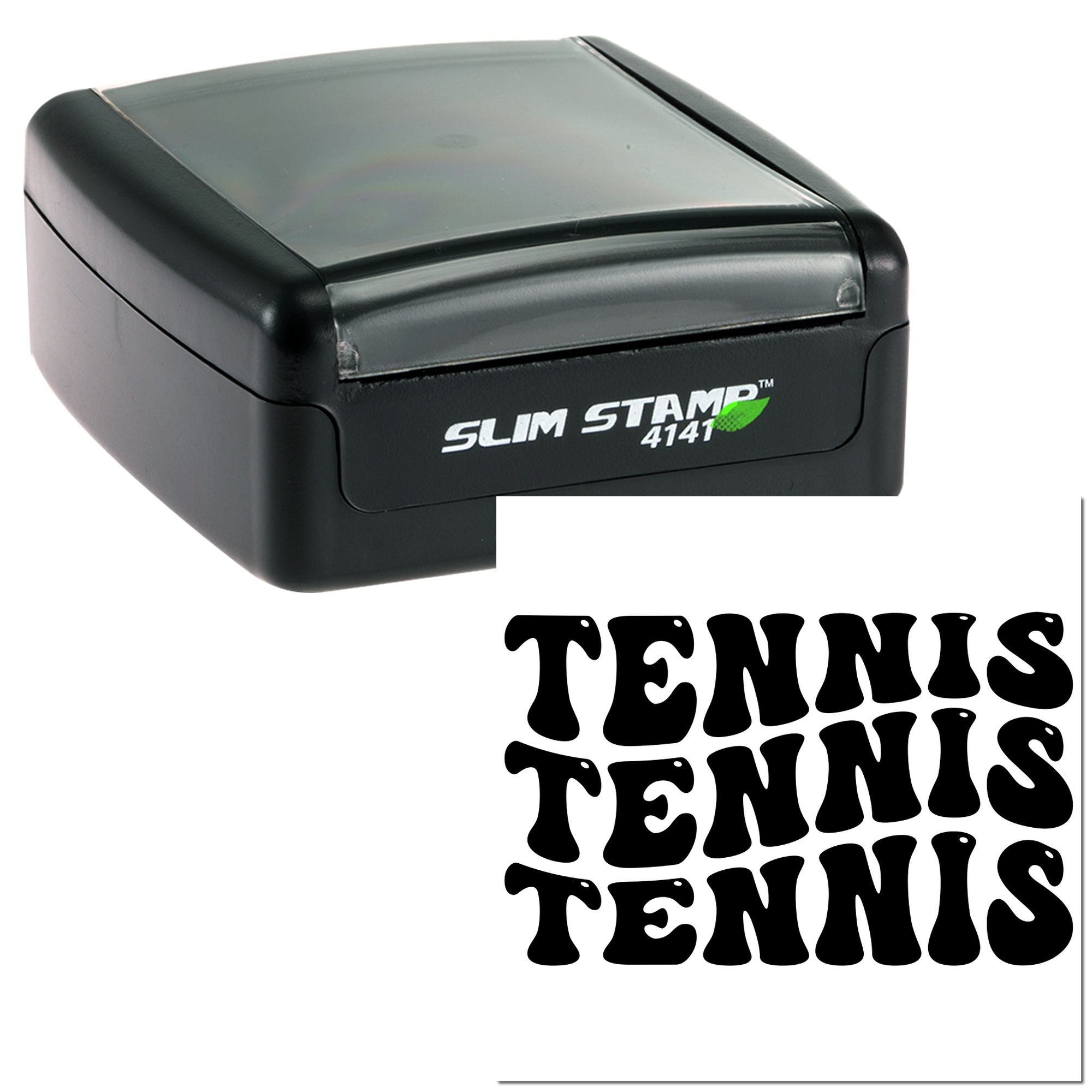 Slim Stamp 4141 custom tennis rubber stamp with bold retro TENNIS design for sports branding, crafts, and packaging.