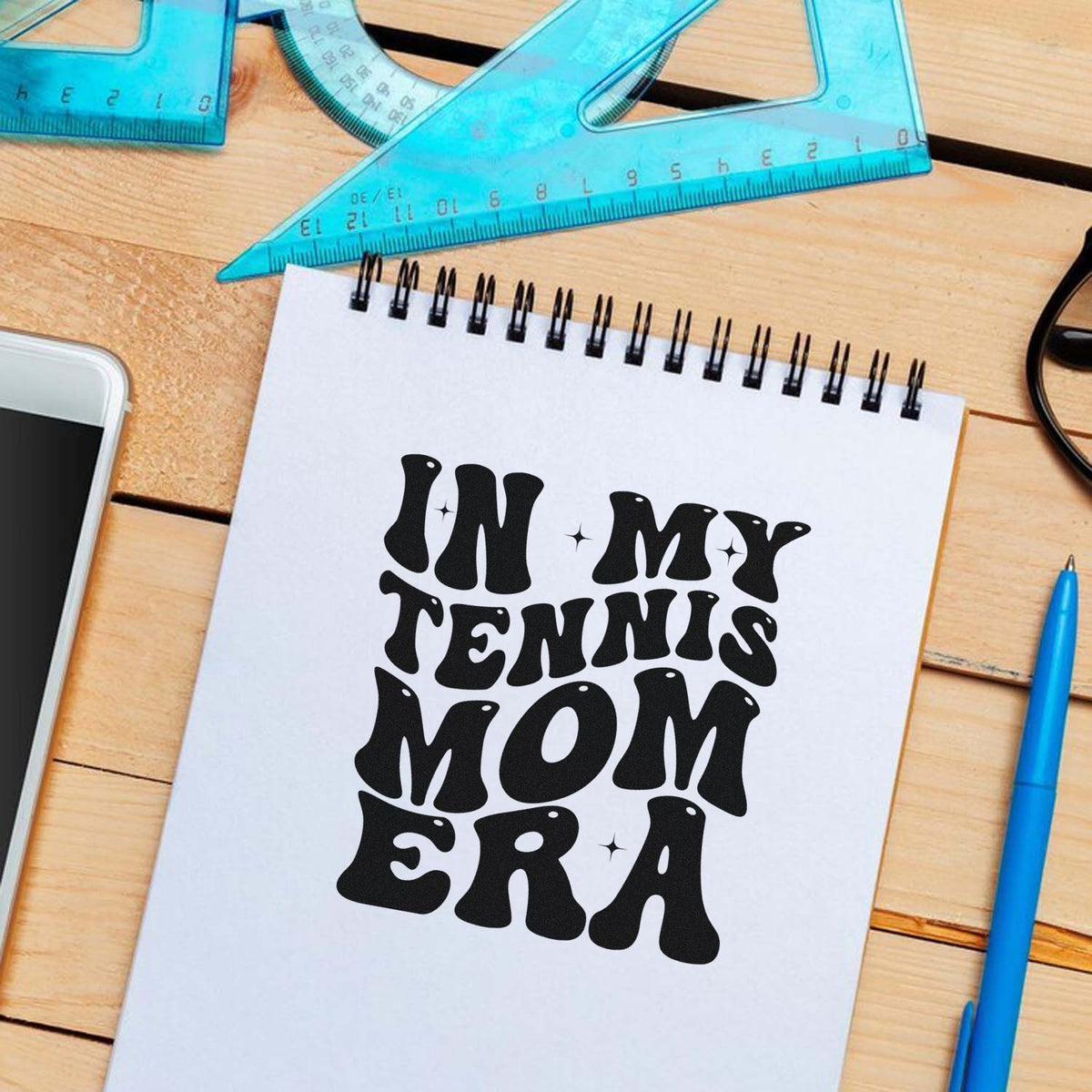 Tennis Mom Era rubber stamp design on notebook paper, perfect for custom sports crafts, planner labels, and gifts.