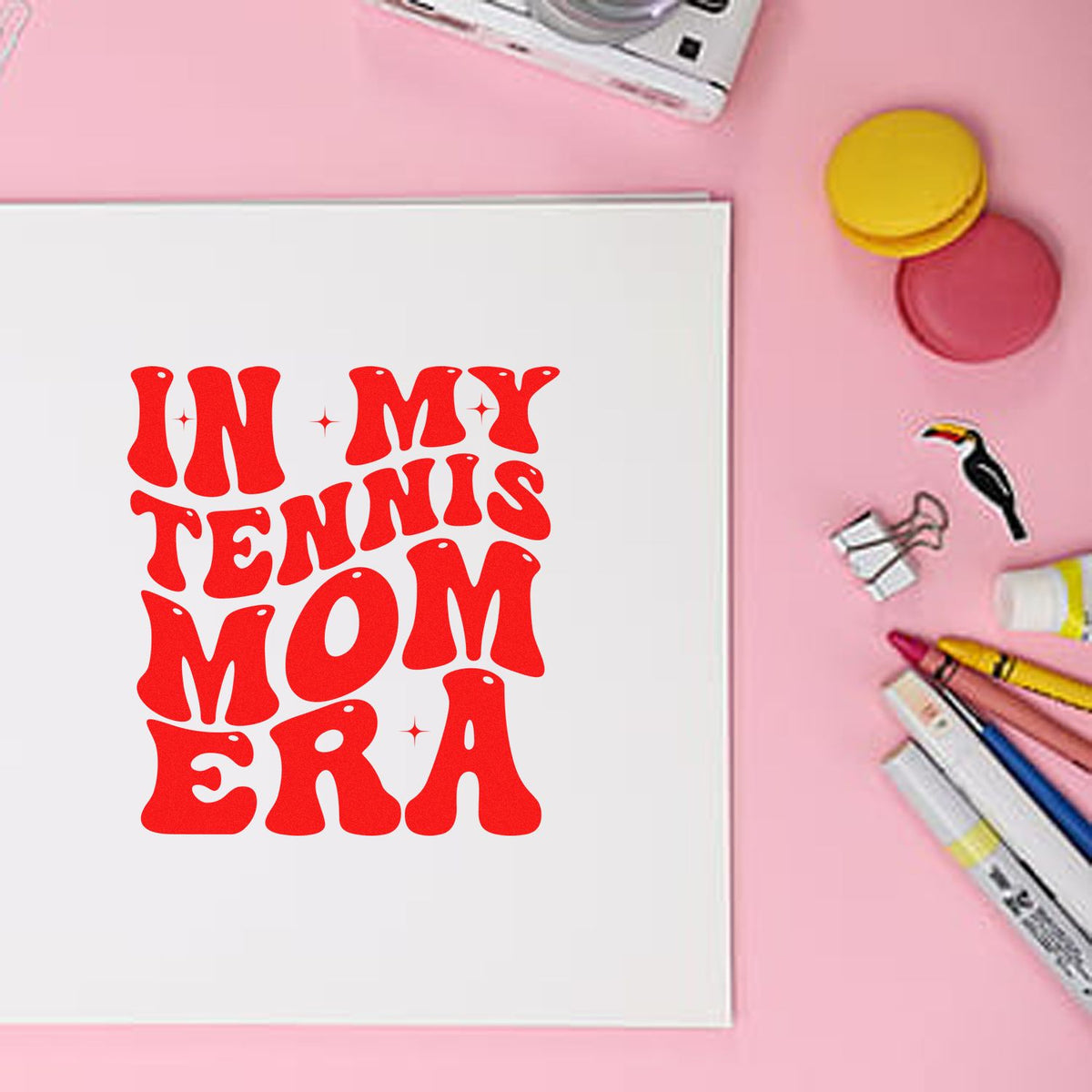 Retro In My Tennis Mom Era rubber stamp design for sports-themed stationery, planners, and DIY crafts.