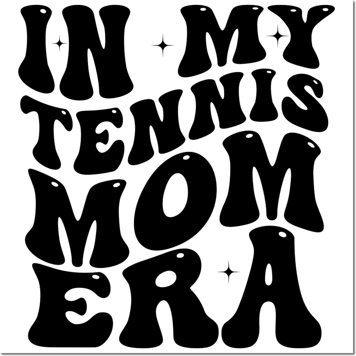 In My Tennis Era rubber stamp design with bold retro bubble letters and sparkle accents for sporty crafting.