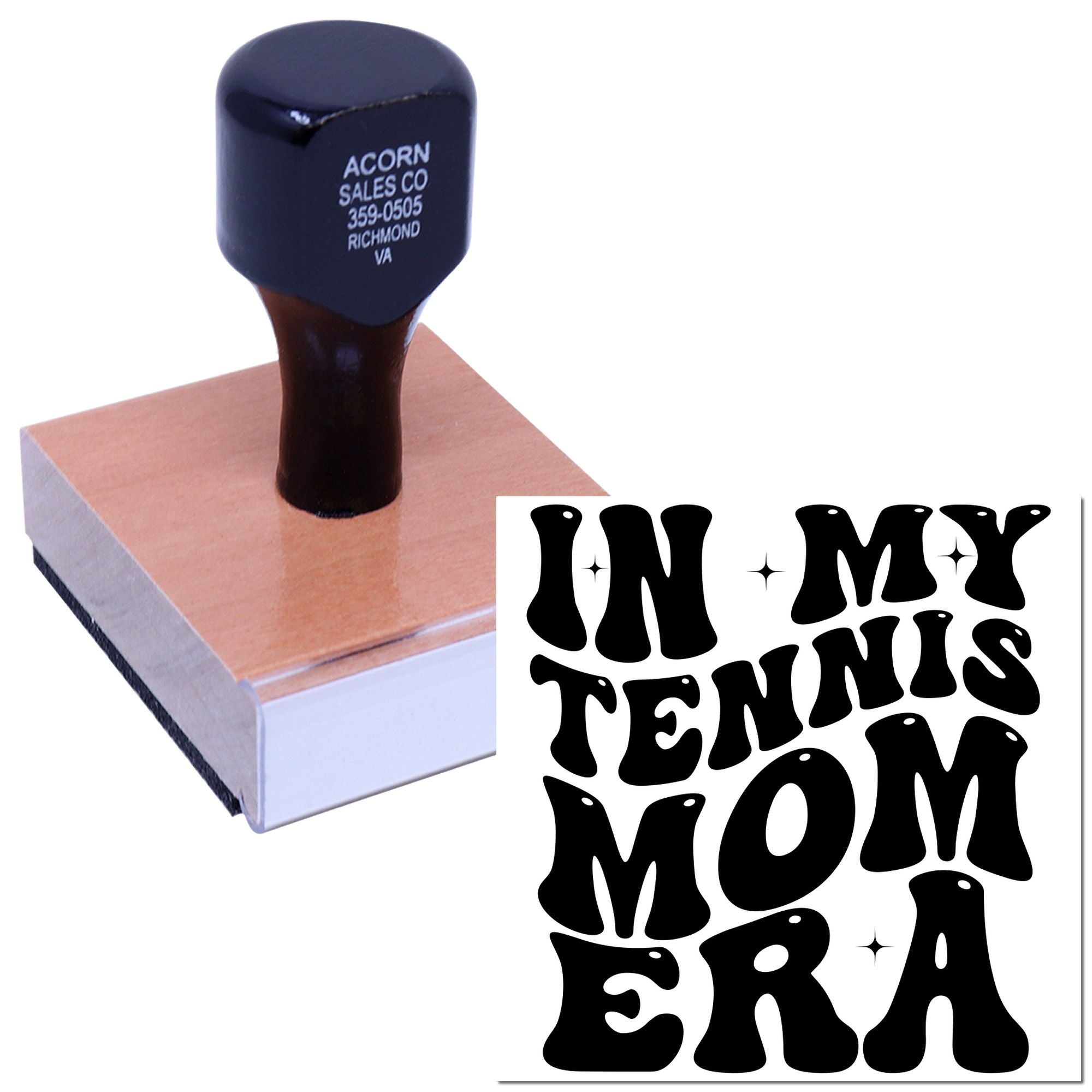 Custom rubber stamp with In My Tennis Mom Era design for tennis crafts, scrapbooking, and personalized gifts.