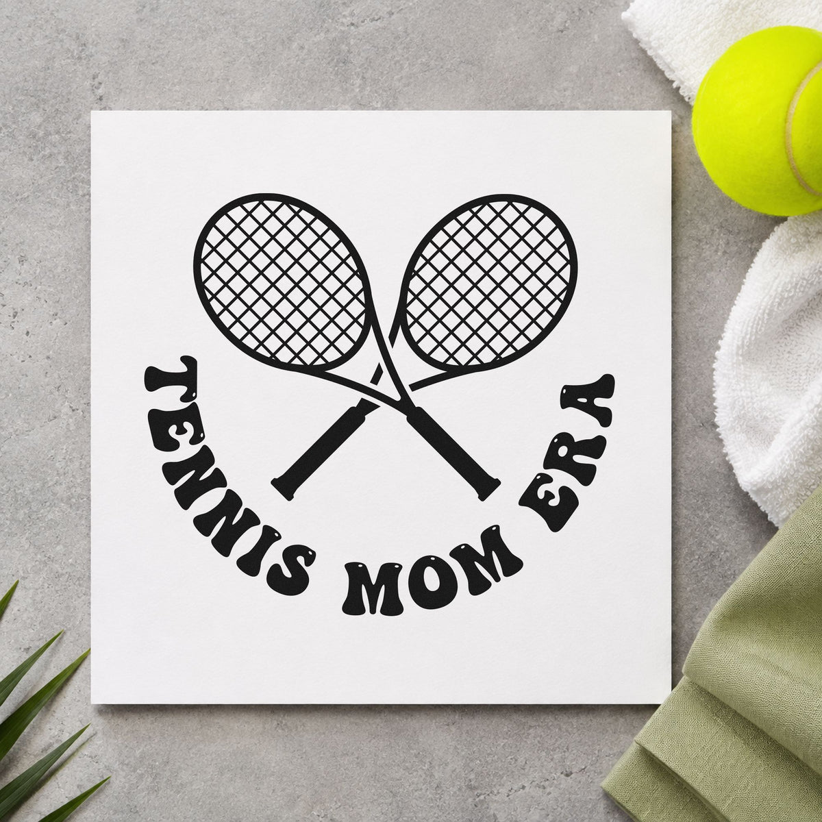 Tennis Mom Era Rackets craft stamp in black ink on cardstock, an easy option for photo day album page.