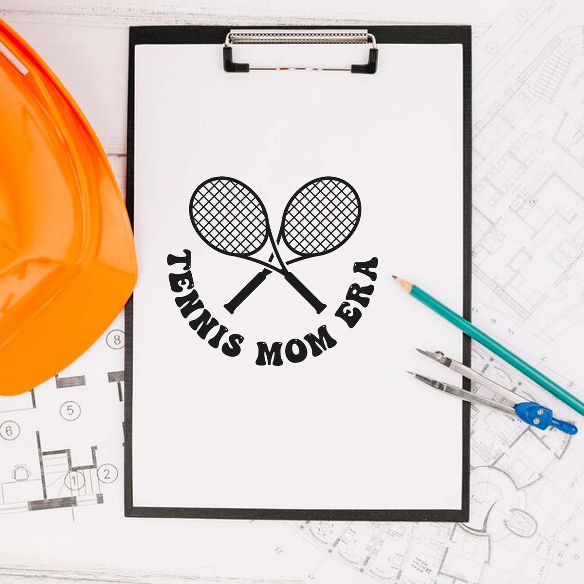 Custom tennis mom rubber stamp design with crossed rackets, ideal for sports-themed stationery and crafts.