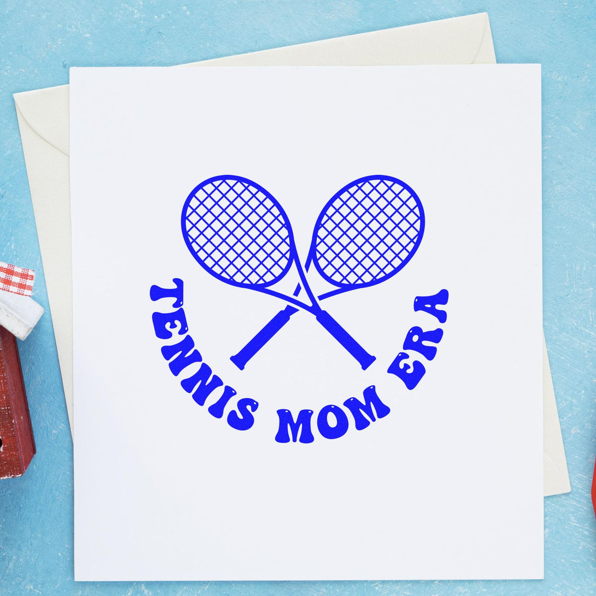 Tennis Mom rubber stamp design with crossed rackets on a greeting card, ideal for sports-themed handmade cards.