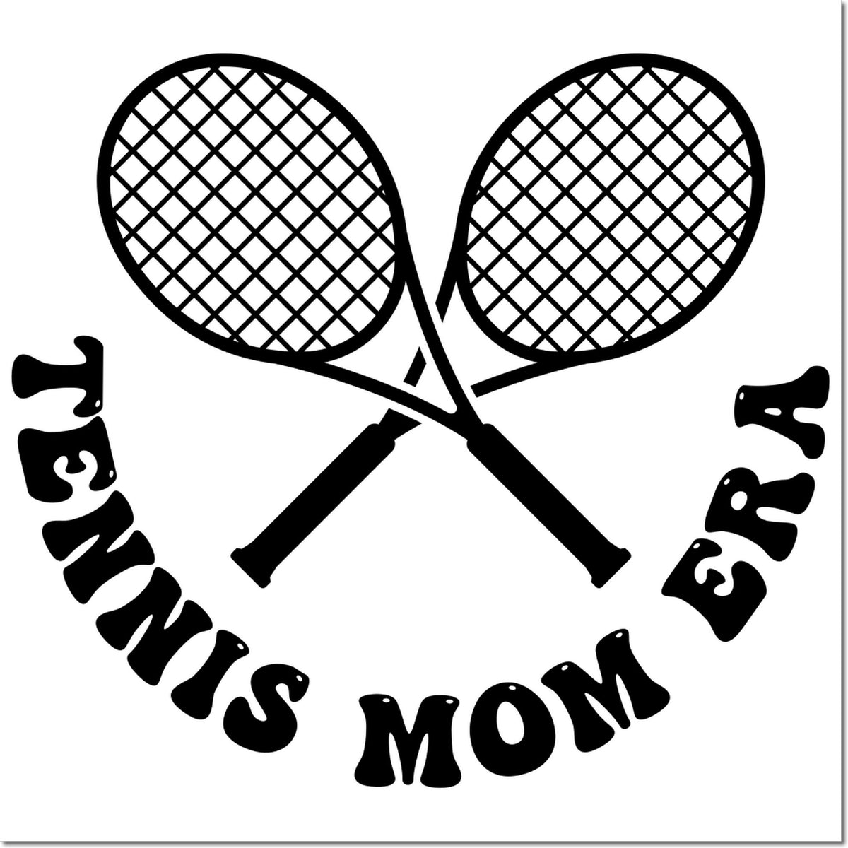 Tennis Mom rubber stamp design with crossed tennis rackets for sports-themed crafting and custom stamping.