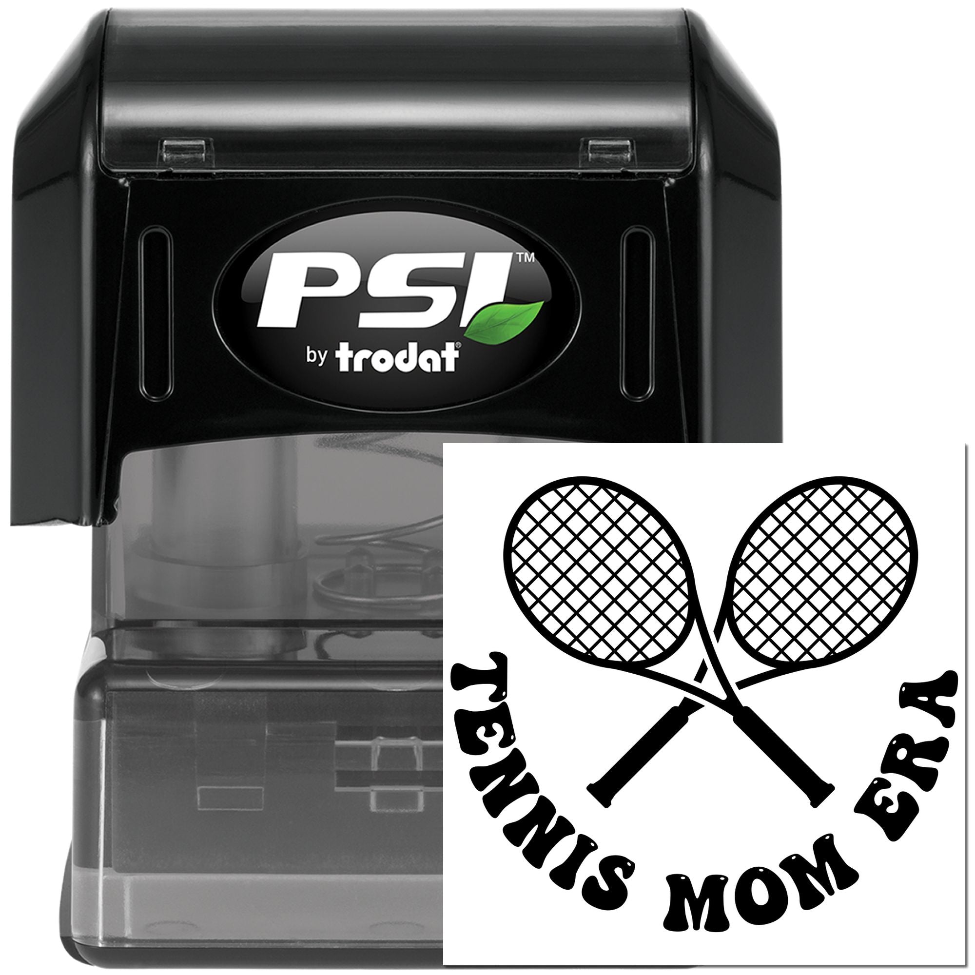 PSI by Trodat self-inking rubber stamp with tennis mom crossed rackets design for custom sports-themed stamping.