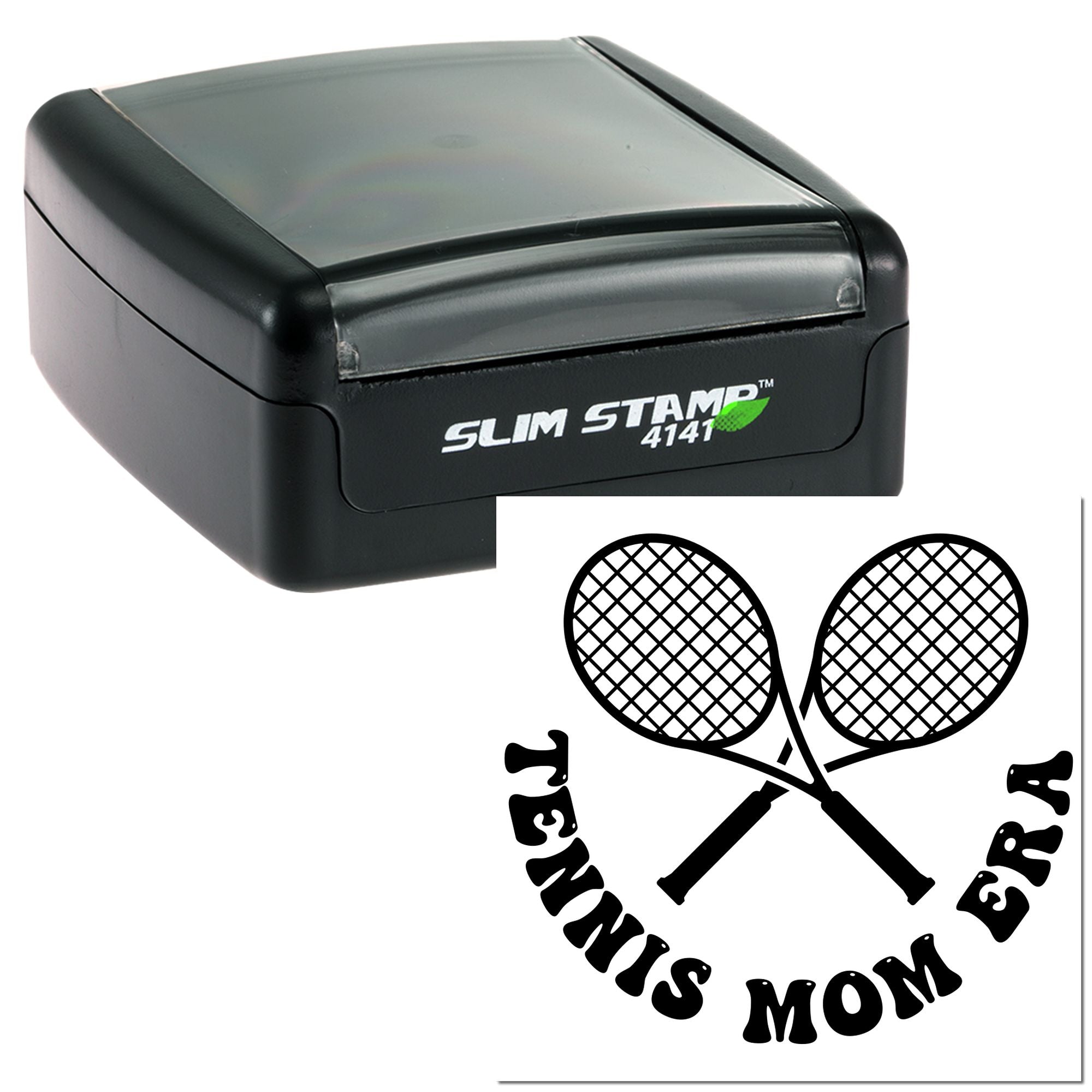 Tennis Mom rubber stamp with crossed tennis rackets for custom sports-themed card, craft, and event stamping