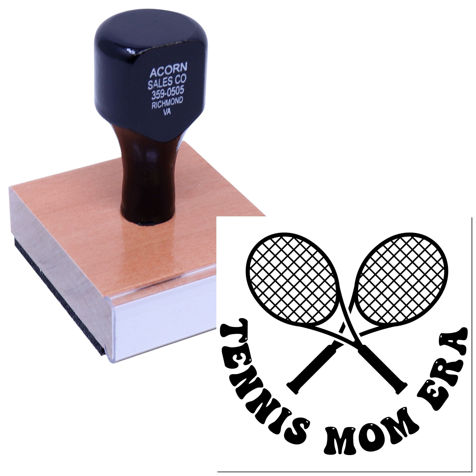 Custom Tennis Mom rubber stamp with crossed rackets, shown on a self-inking stamp block for personalized crafts and cards.